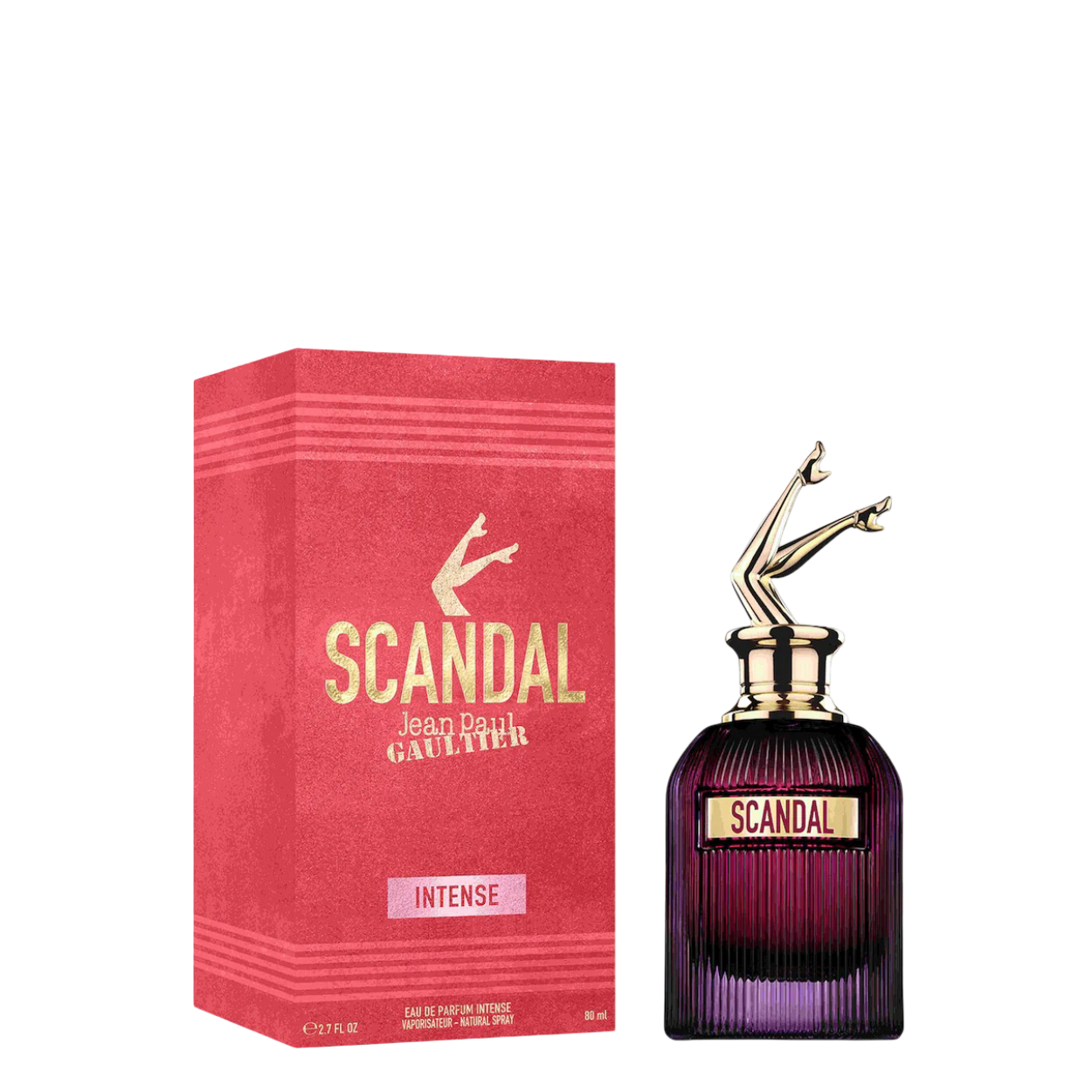 Scandal Jean Paul Gaultier Intense EDP 80 ml floral perfume with gold leg-shaped cap and red box, featuring ylang-ylang, cardamom, and vanilla.