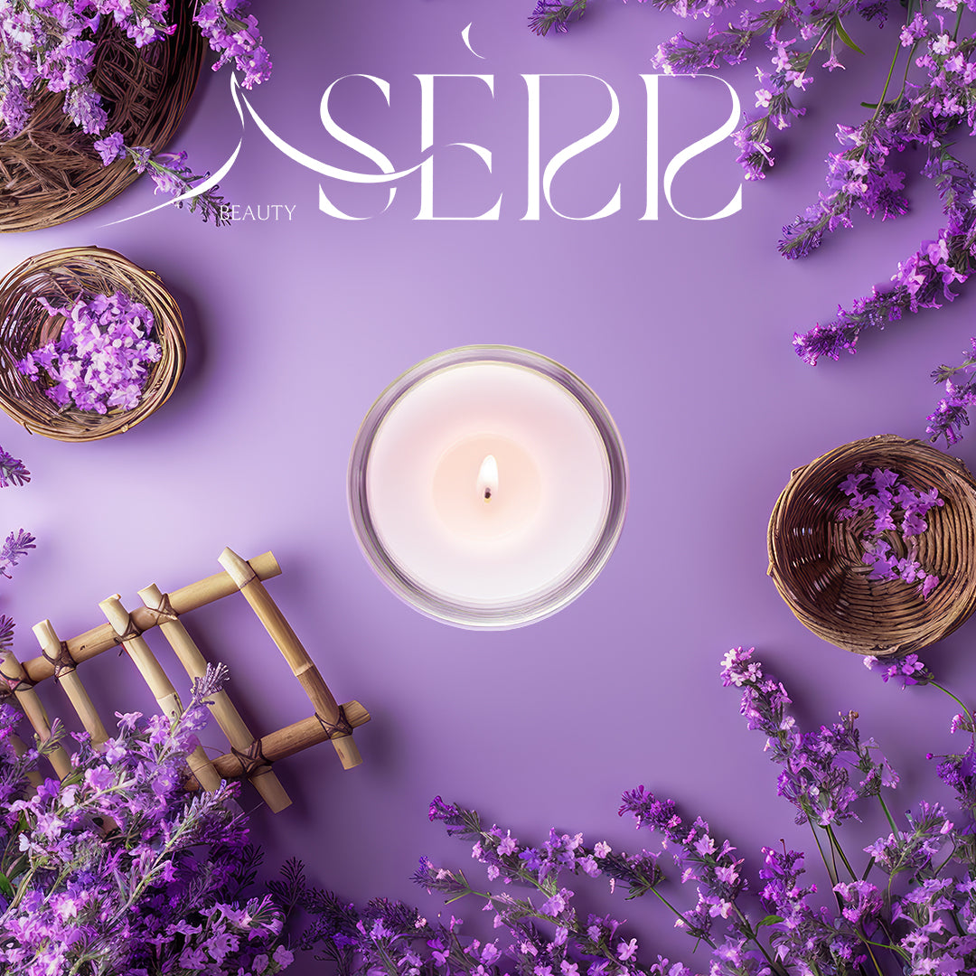 Top view of SerrBeauty Organic Lavender & Patchouli Beeswax Scented Candle surrounded by fresh lavender flowers and wicker baskets on a purple background.