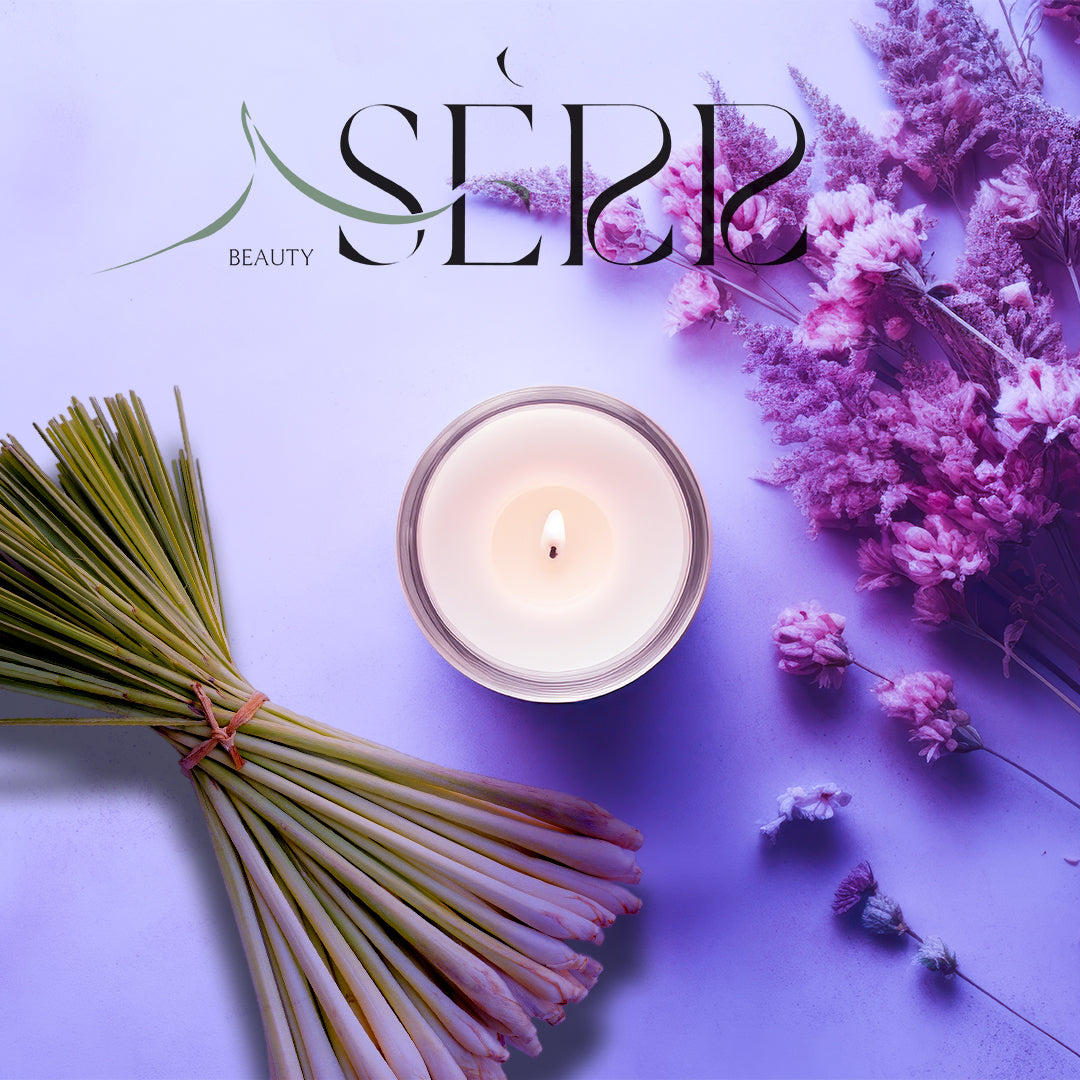 SerrBeauty Organic Lavender & Lemongrass Beeswax Scented Candle 125 G surrounded by fresh lavender and lemongrass. A natural home fragrance for relaxation and air purification.