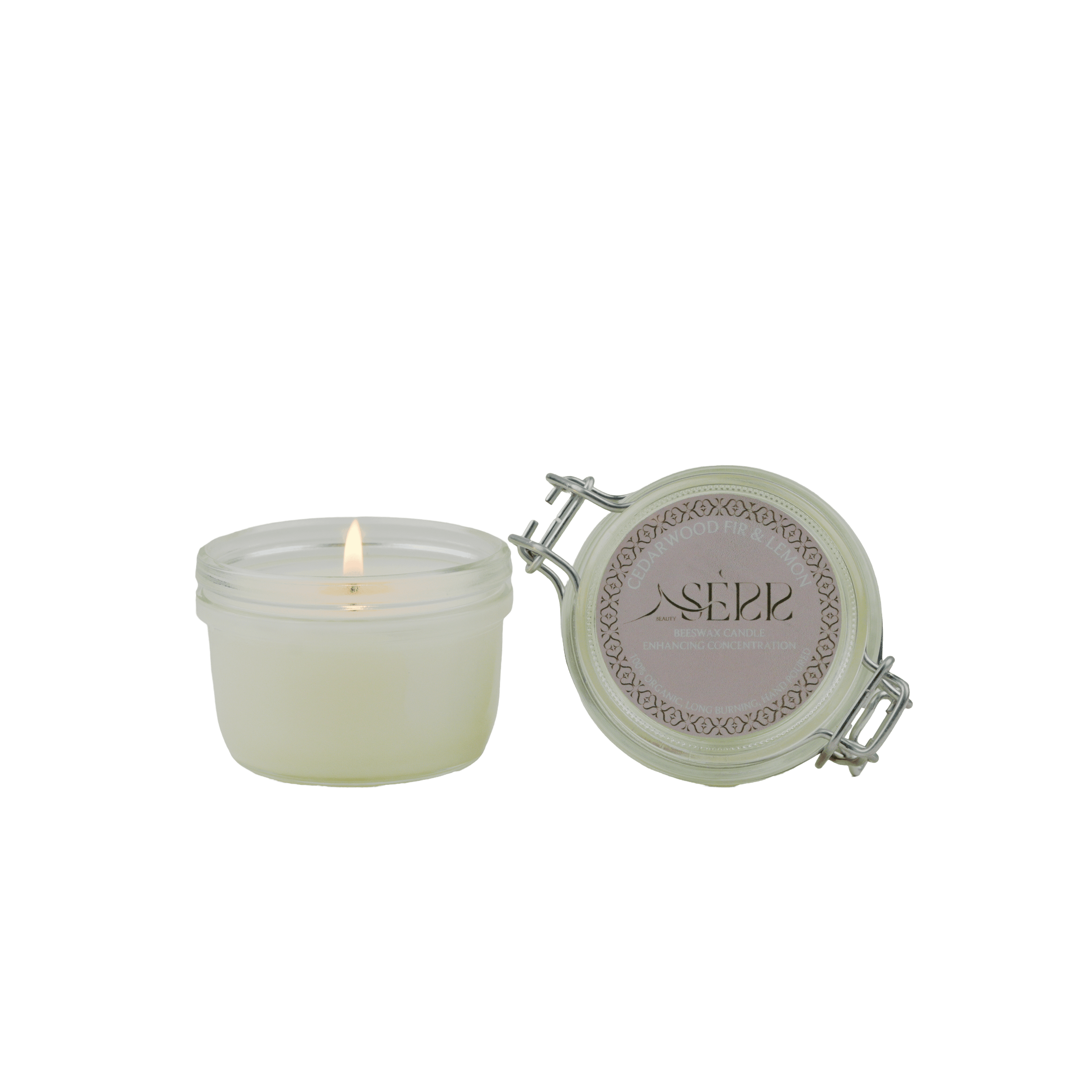 SerrBeauty Organic Cedarwood, Fir & Lemon Beeswax Scented Candle in a glass jar with a lit wick, offering a natural and refreshing aroma.