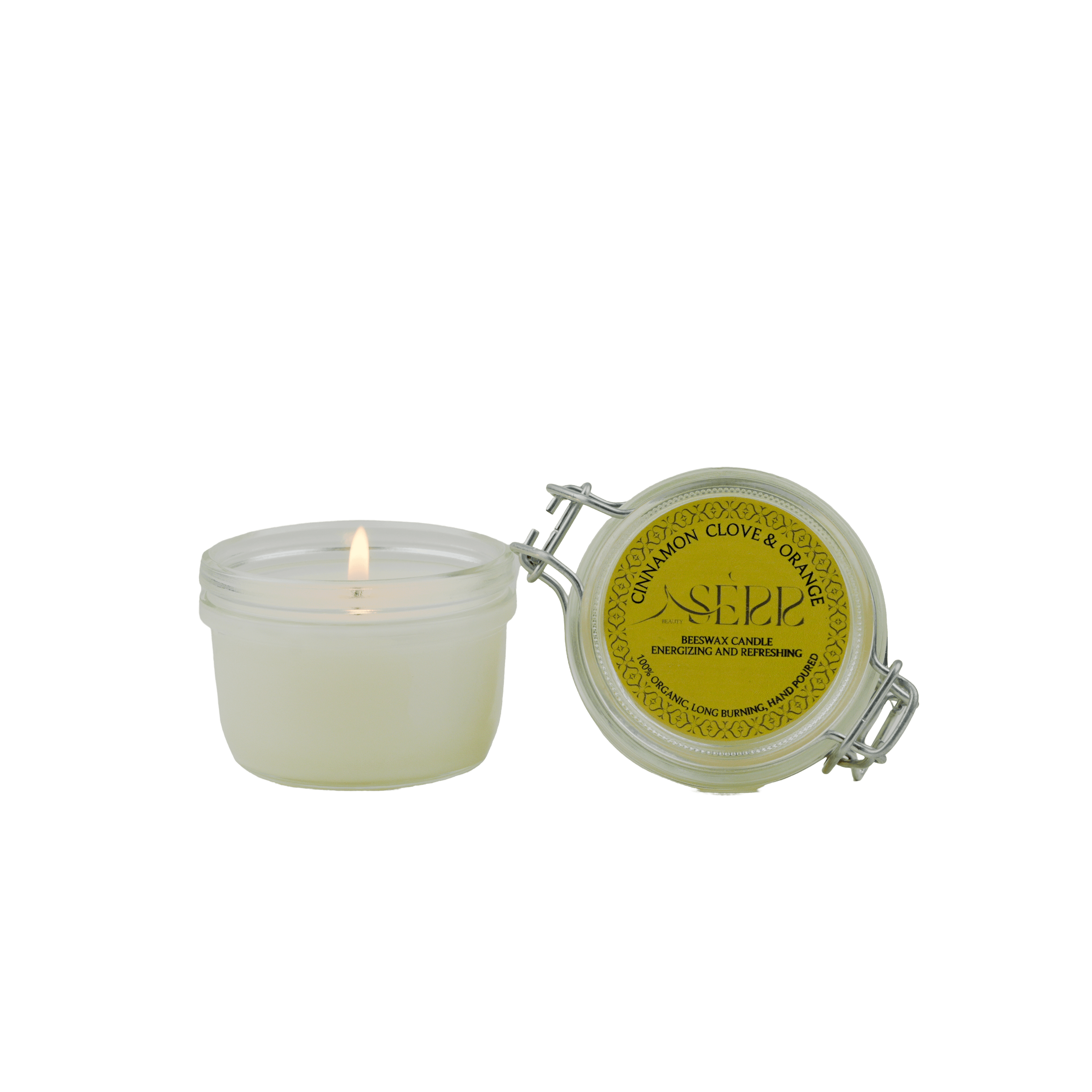 SerrBeauty Organic Cinnamon, Clove & Orange Beeswax Scented Candle 125 G in a glass jar with a secure lid. Made from pure beeswax and essential oils for a warm, spicy, and citrusy aroma.