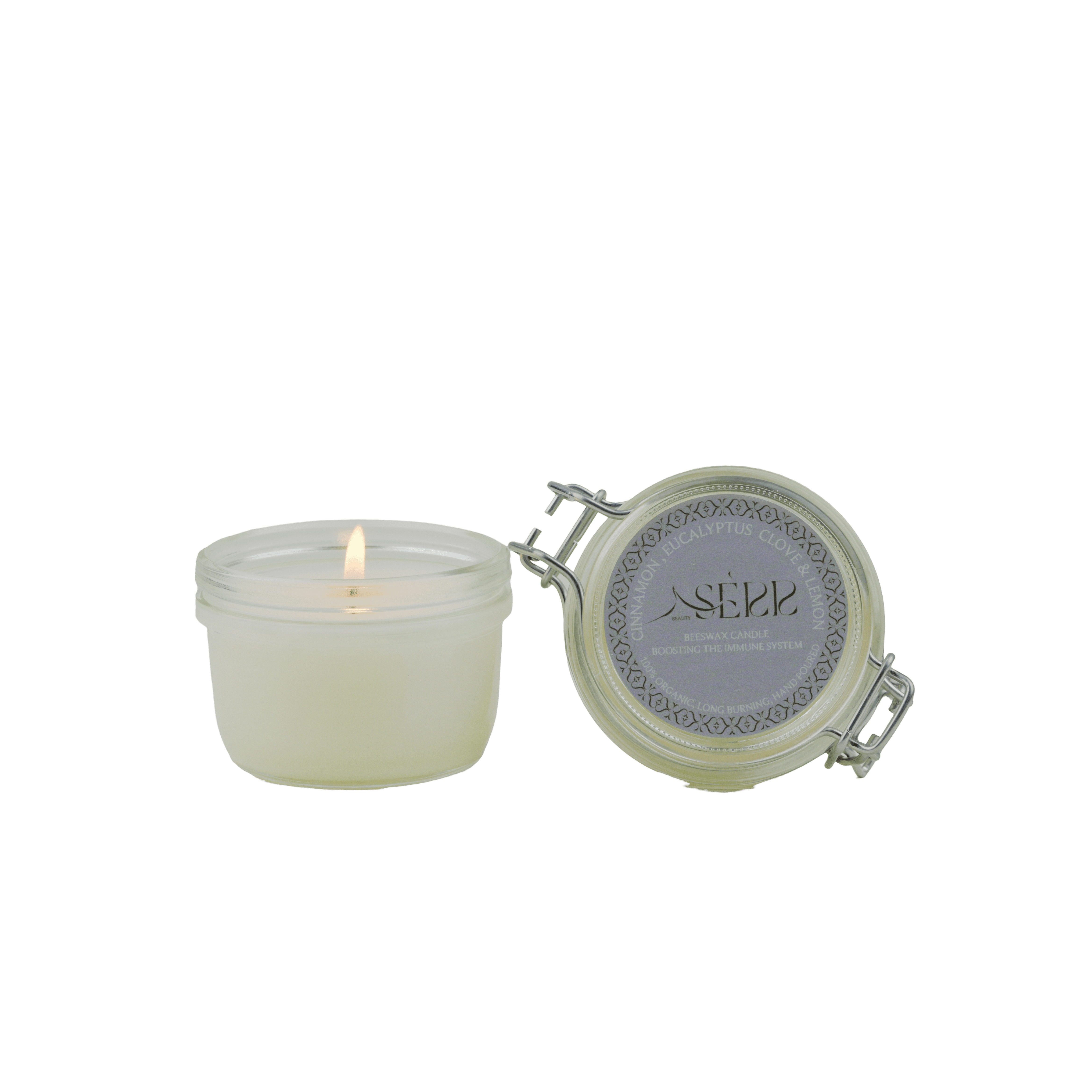 SerrBeauty Organic Eucalyptus, Cinnamon, Clove & Lemon Beeswax Scented Candle in a glass jar with a secure lid, offering a natural and long-lasting burn.