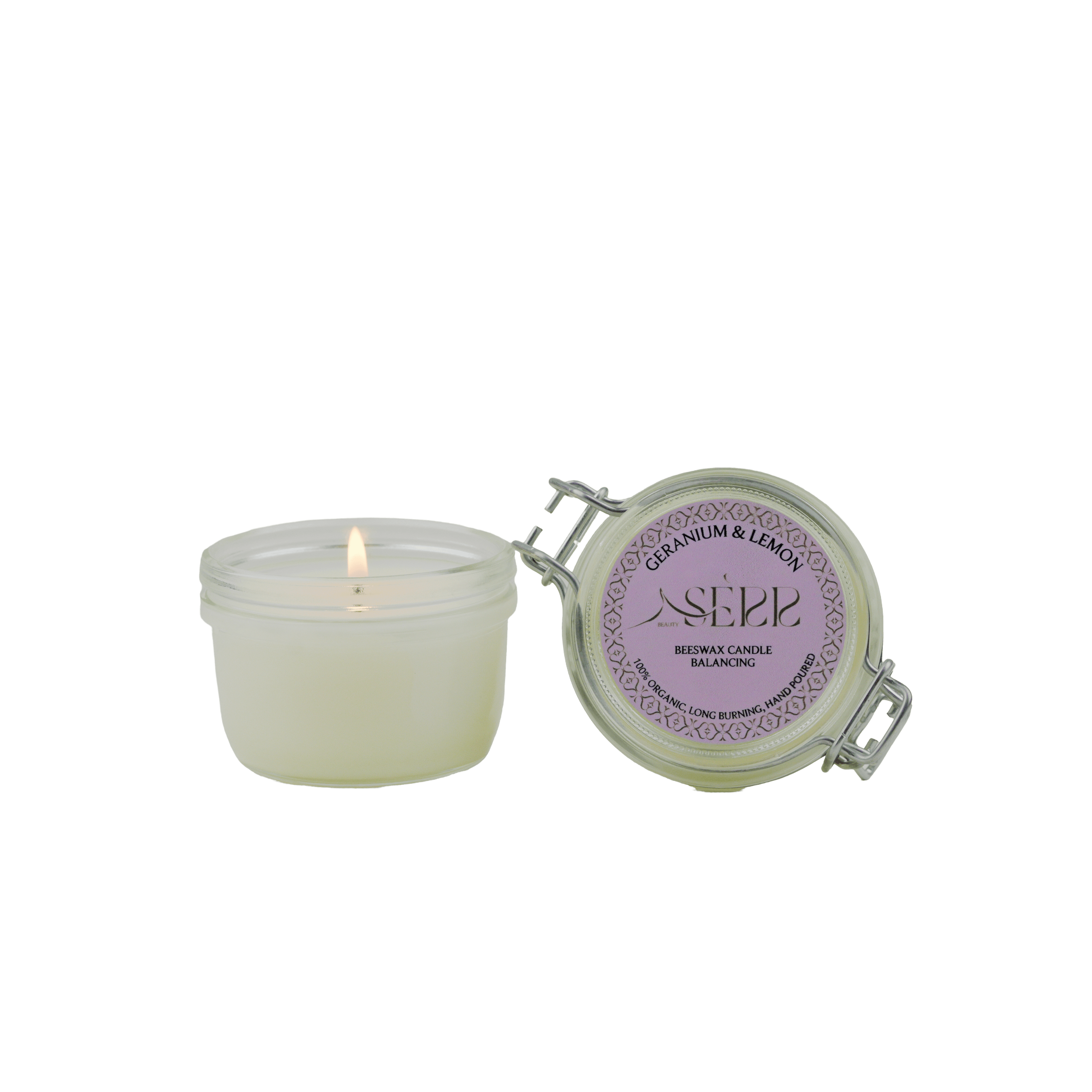 SerrBeauty Organic Geranium & Lemon Beeswax Scented Candle 125 G in a glass jar with a secure lid, offering a long-lasting, natural aroma.
