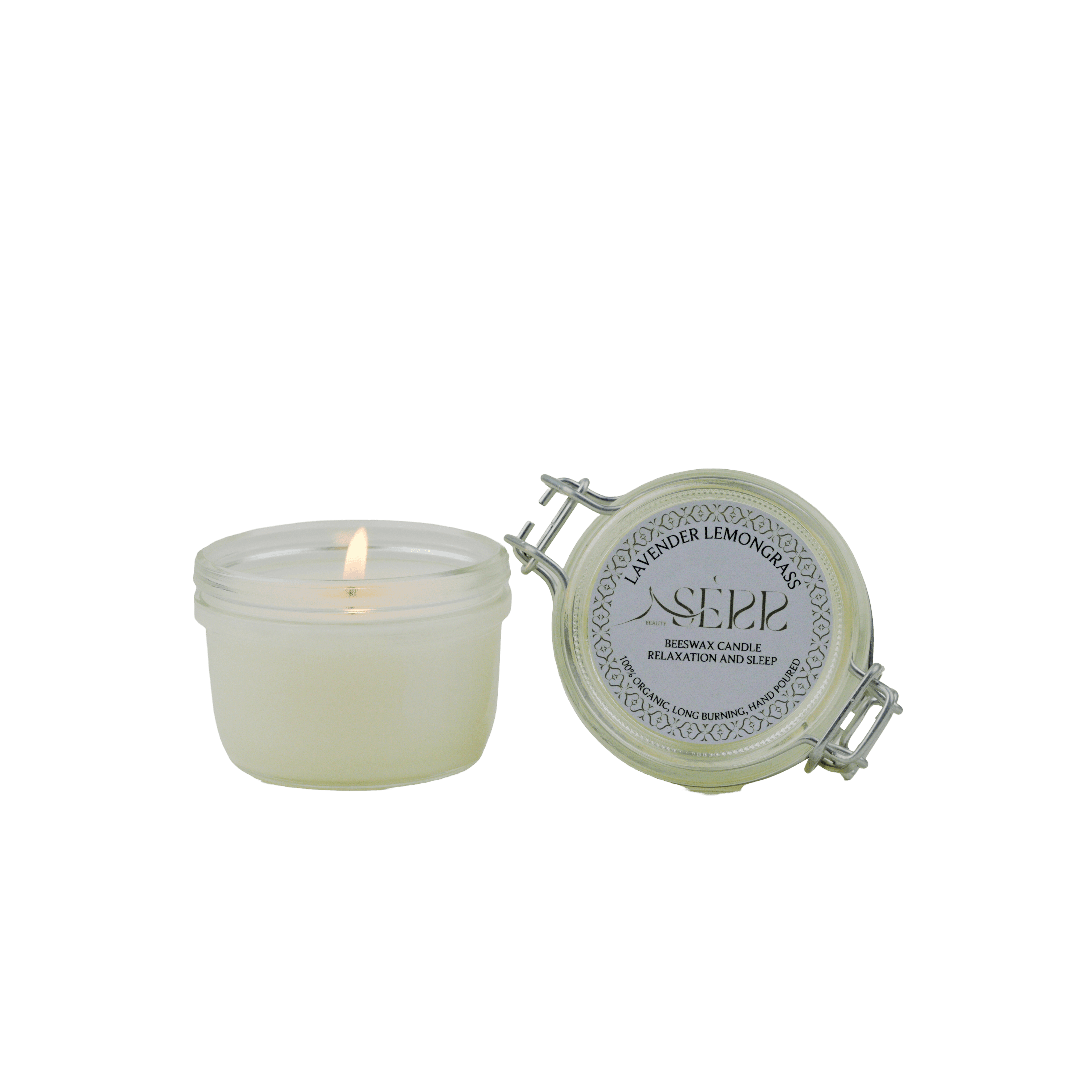 SerrBeauty Organic Lavender & Lemongrass Beeswax Scented Candle 125 G in a glass jar with a secure lid. Made from pure beeswax, it offers a long-lasting burn with a soothing aroma.