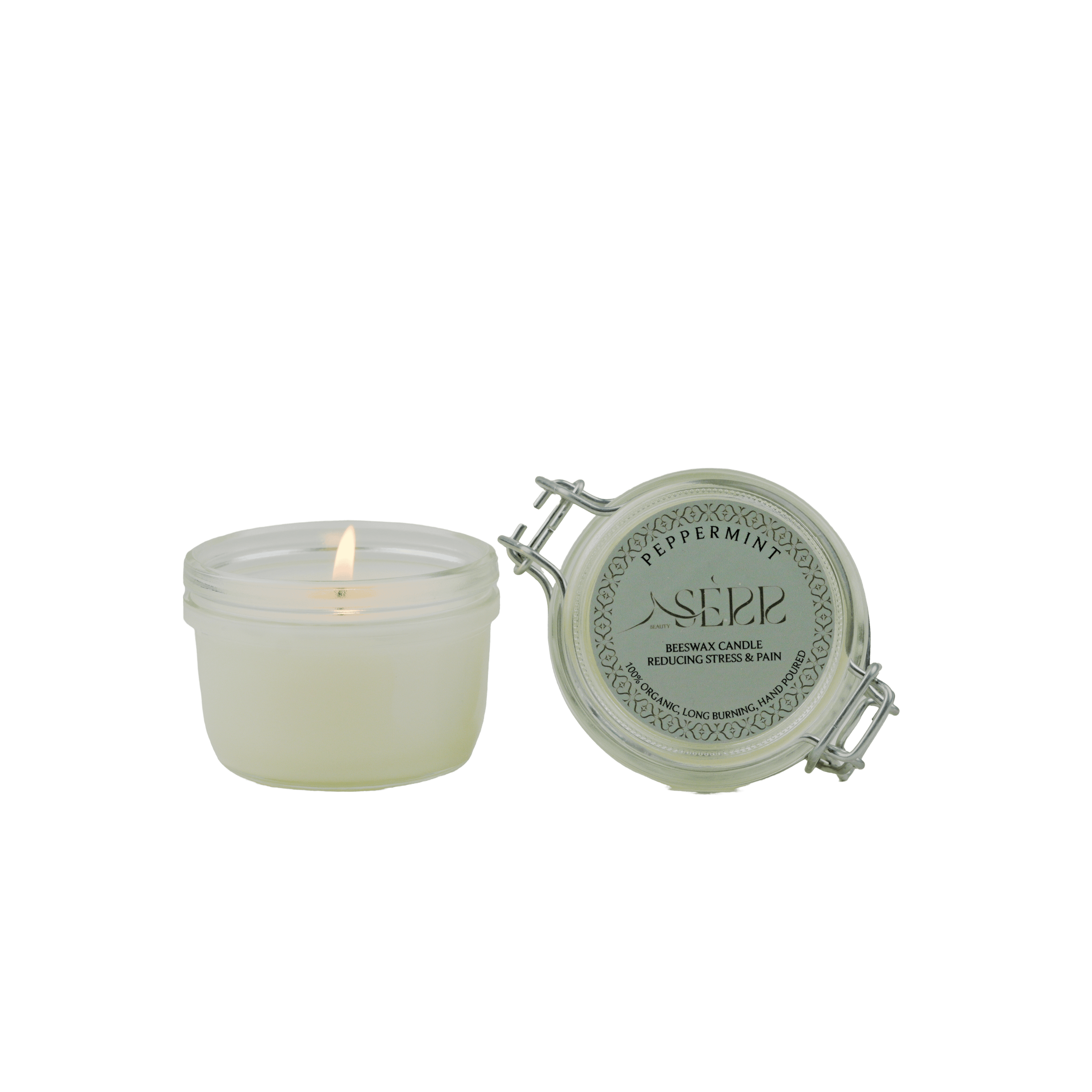 SerrBeauty Organic Peppermint Beeswax Scented Candle 125 G in a glass jar with a lit wick, offering a refreshing peppermint aroma for home ambiance.