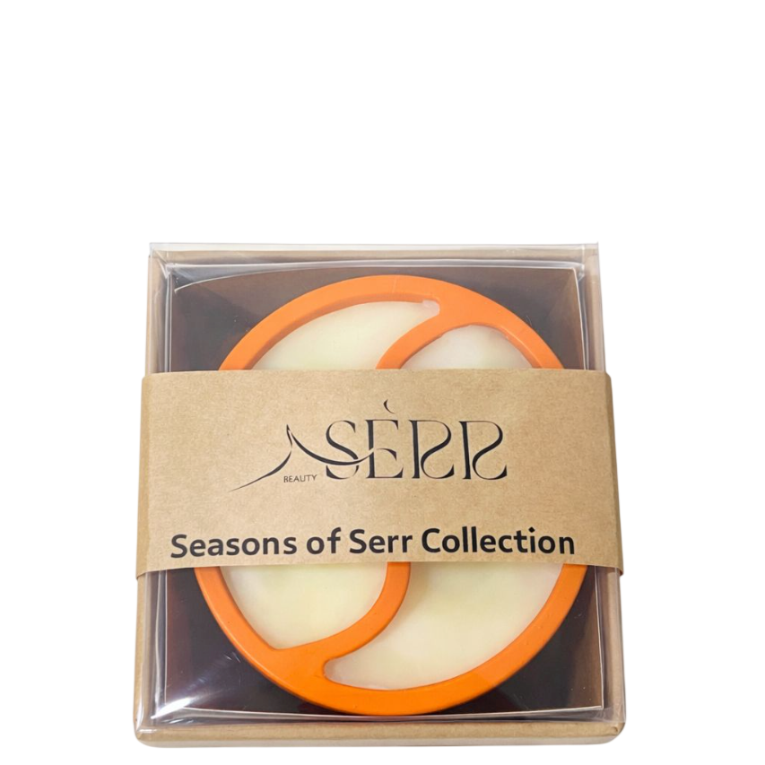 Sealed SerrBeauty Autumn Ember Candle in transparent box with kraft paper label from Seasons of Serr Collection, showcasing handmade natural candle.