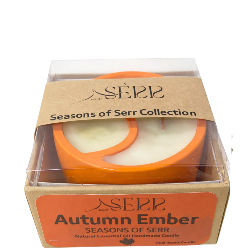 SerrBeauty Autumn Ember Natural Candle packaged in eco-friendly box, featuring essential oils and handmade design from the Seasons of Serr Collection.