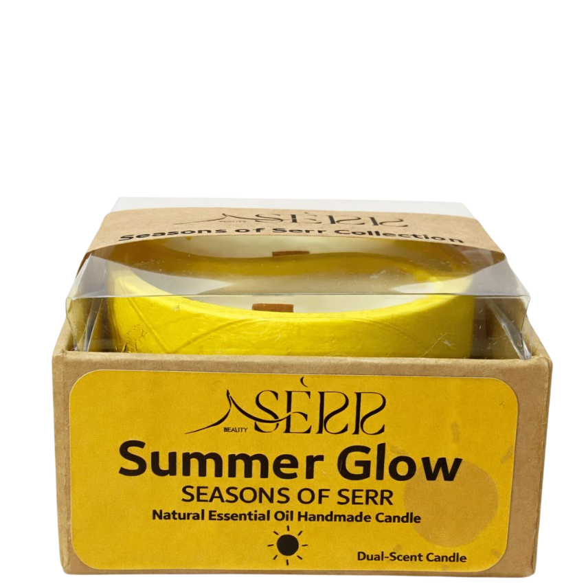 SerrBeauty Summer Glow Candle boxed in eco-friendly packaging, labeled as dual-scent handmade candle with natural essential oils.