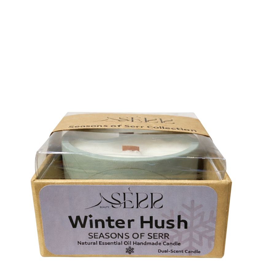 SerrBeauty Winter Hush Candle in eco-friendly packaging, labeled as dual-scent handmade candle with essential oils from the Seasons of Serr collection.