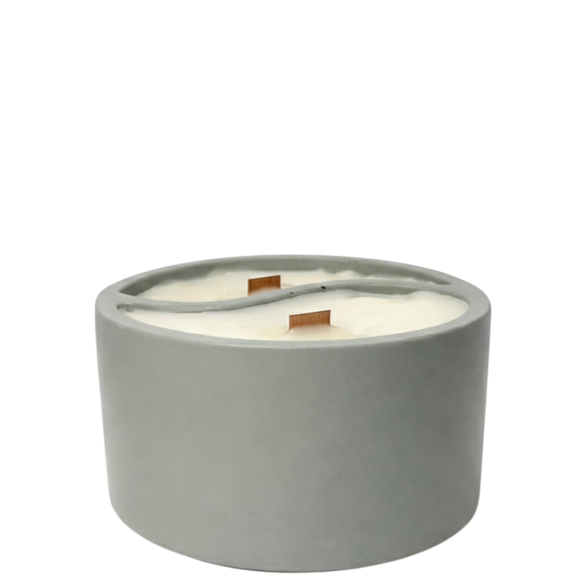 SerrBeauty Natural Winter Hush Candle in a round concrete vessel with dual wooden wicks and yin-yang design, handmade for home fragrance.