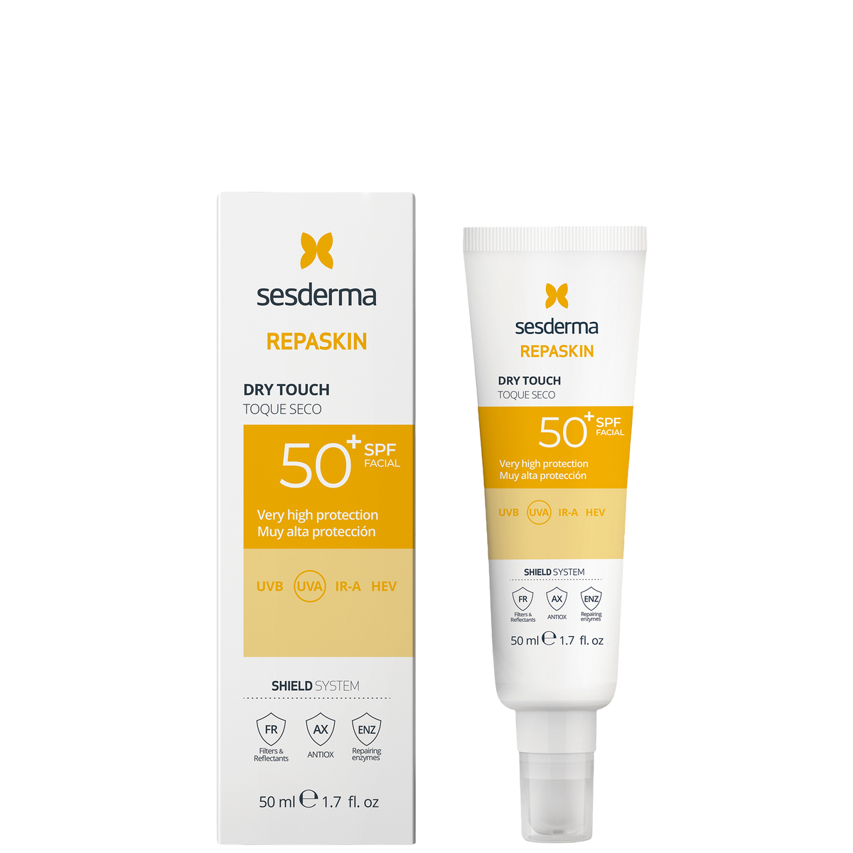 White box with yellow butterfly logo and black text displaying 'sesderma REPA SKIN DRY TOUCH SPF50+' for high sun protection, 50ml size