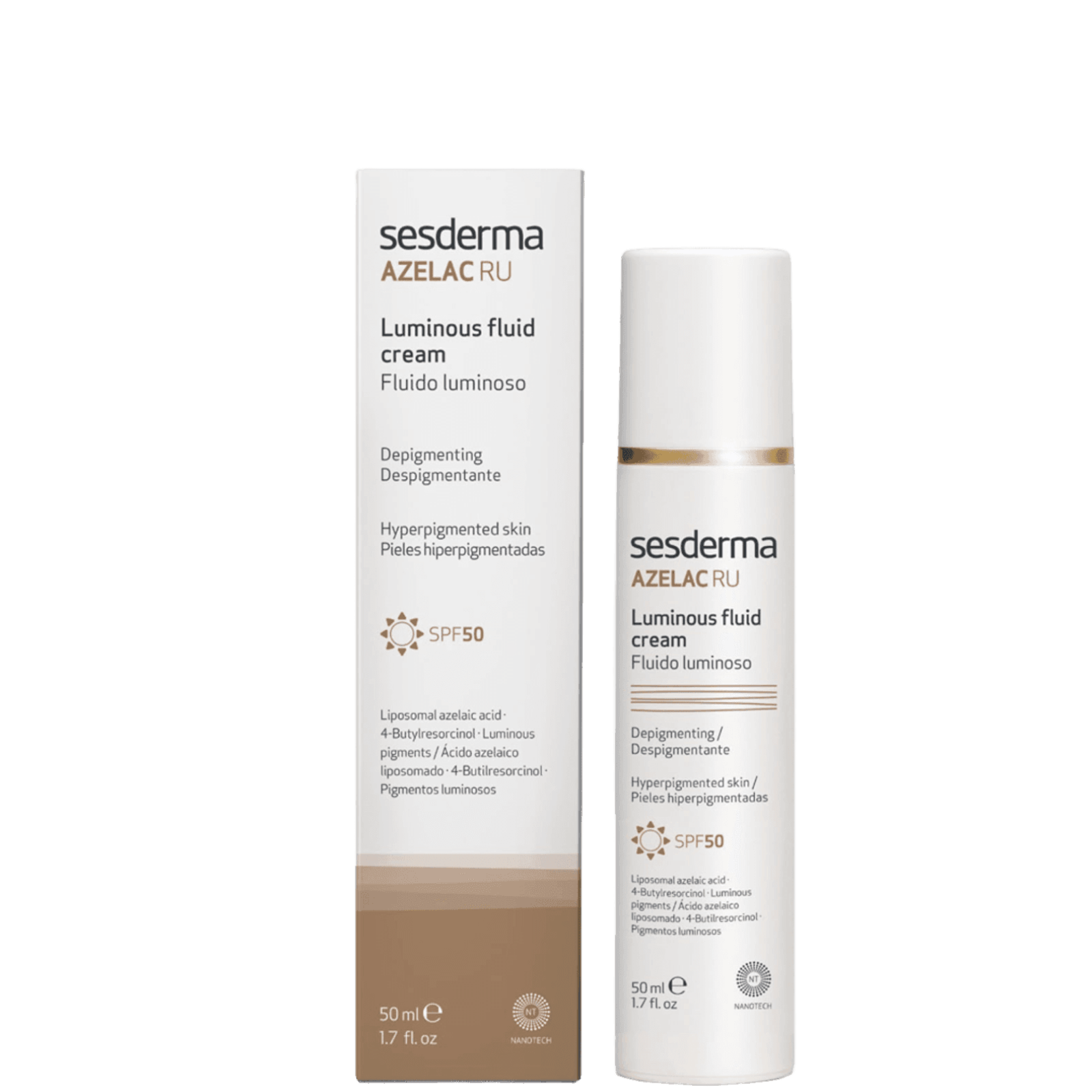 White box packaging of Sesderma Azelac RU luminous fluid cream with SPF 50, containing ingredients like azelaic acid and 4-Butylresorcinol for hyperpigmented skin
