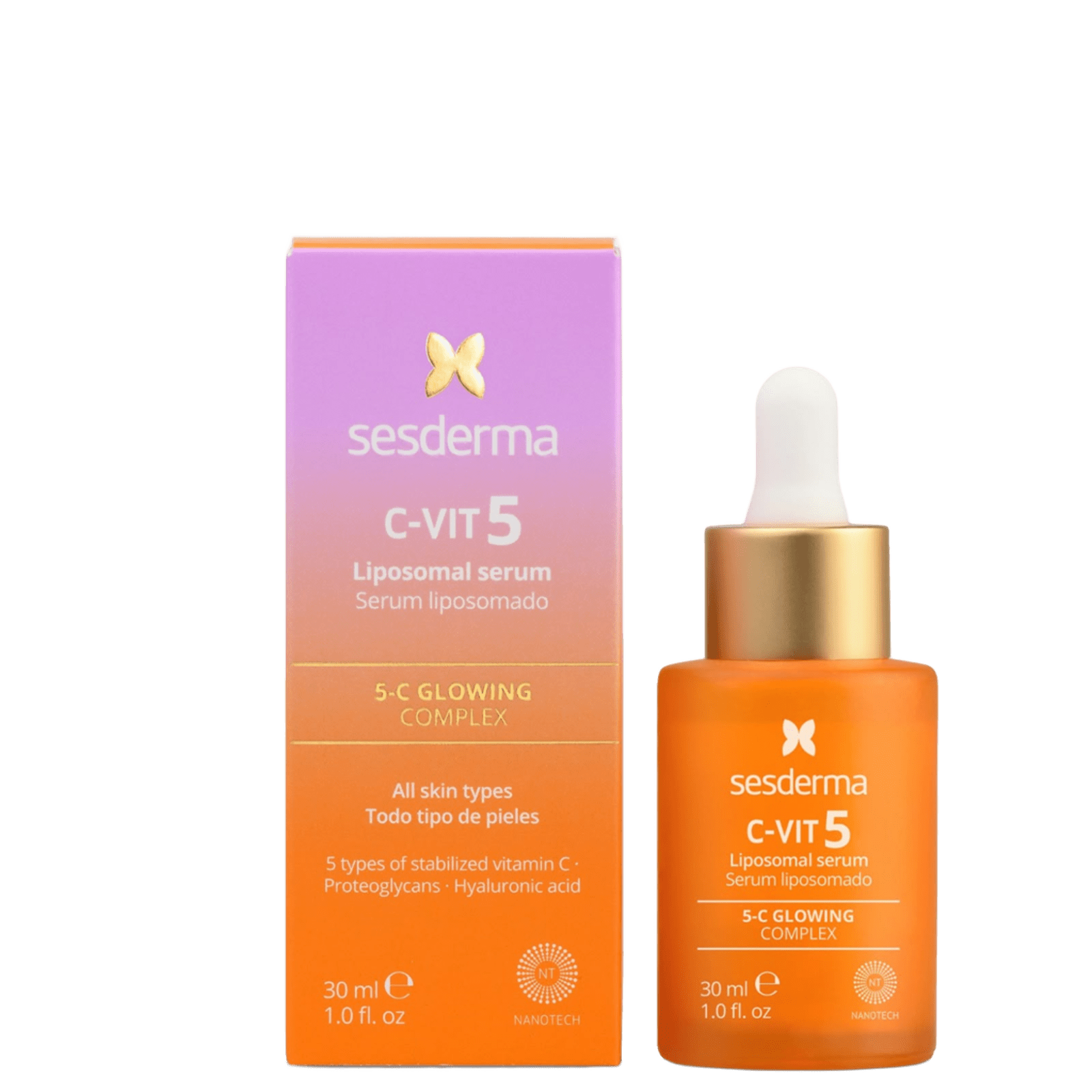 Sesderma C-VIT 5 Liposomal serum in orange bottle with white dropper cap, packaging shows bright orange and purple box with gold butterfly logo, all skin types, 30ml