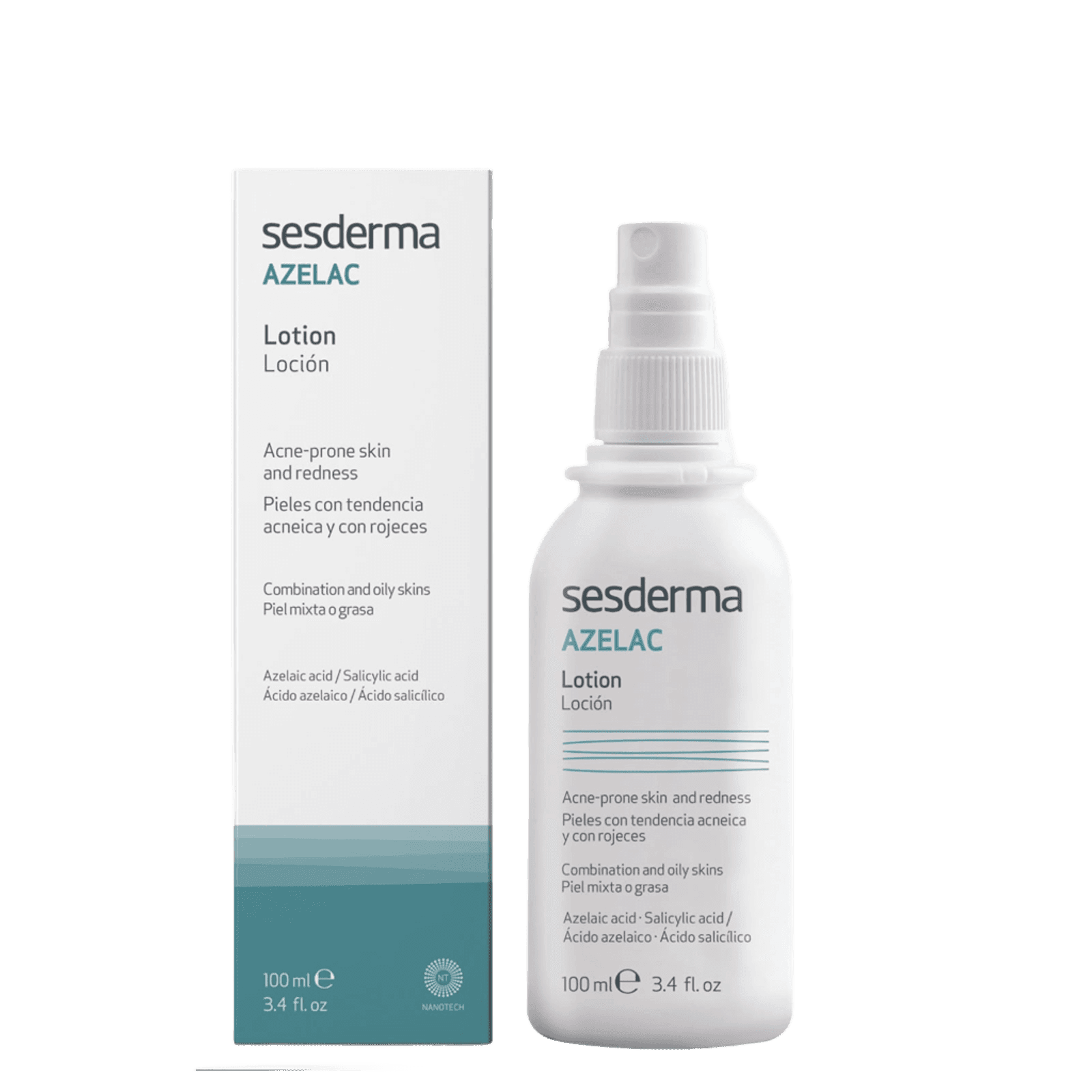 Sesderma Azelac Lotion for acne-prone skin in a white spray bottle with blue and black text, 100 ml, suitable for oily skin types