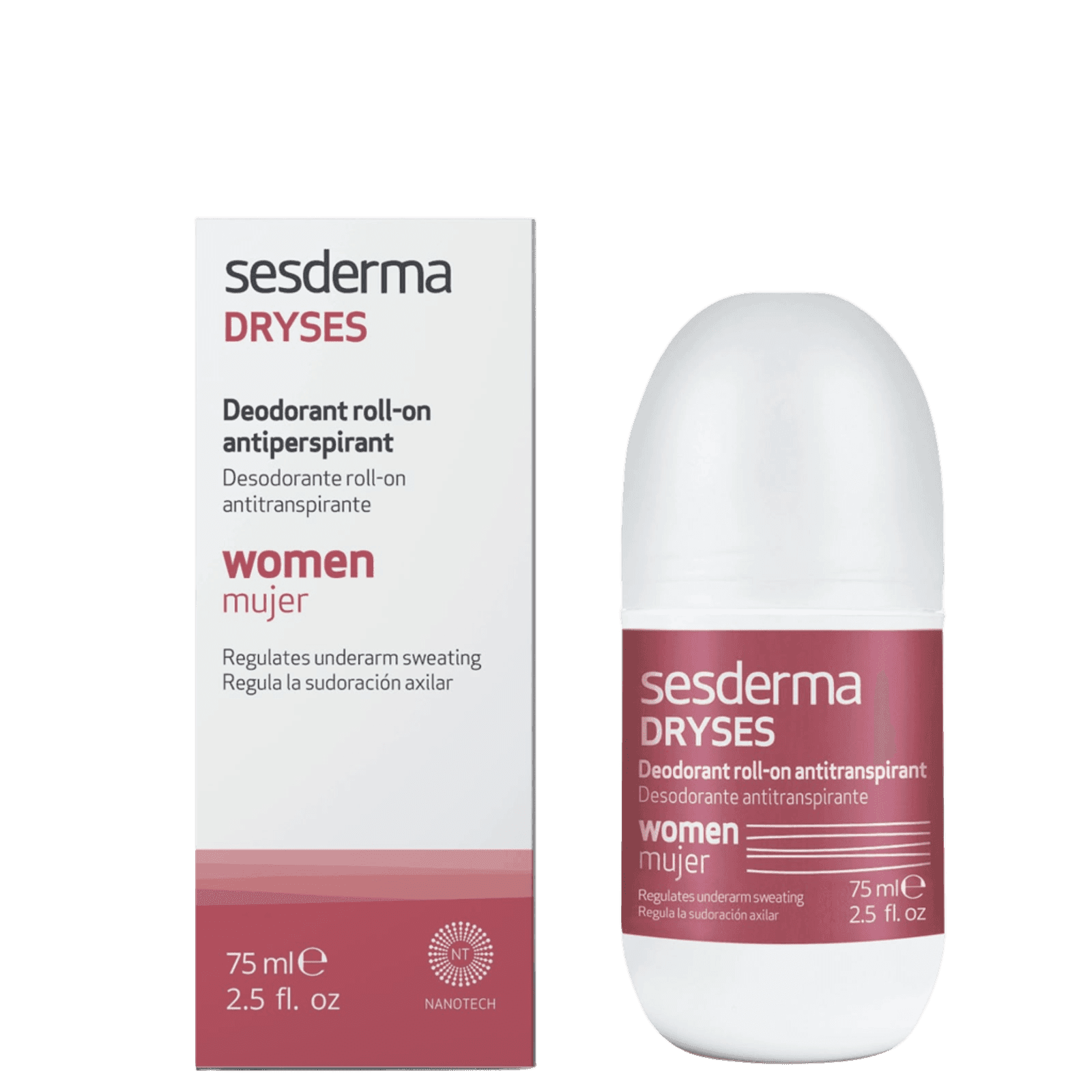 White and pink box of Sesderma women's deodorant antiperspirant with 75ml capacity, featuring product details in multiple languages