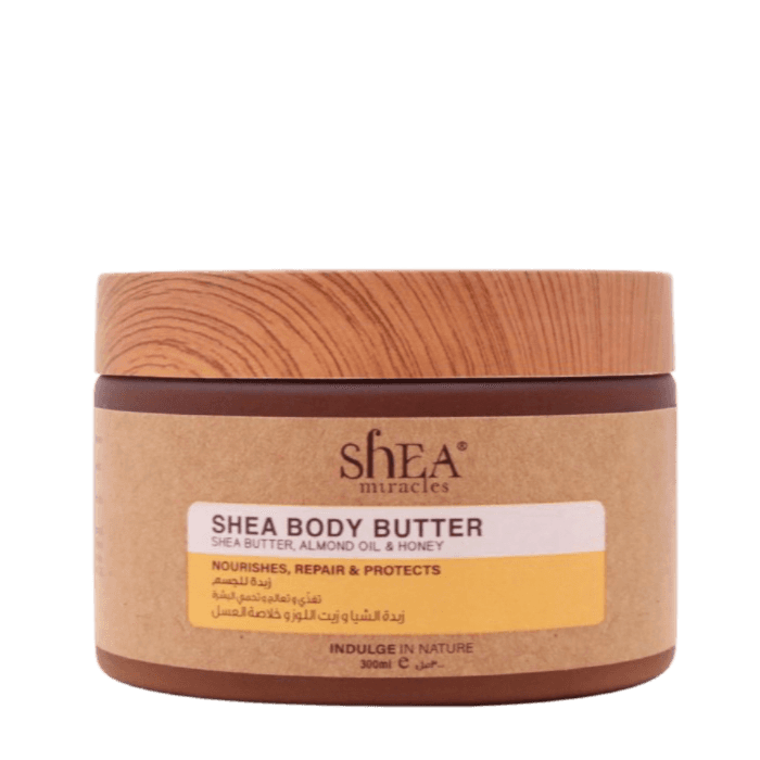 Shea Miracles Body Butter 300 ml deeply nourishes and hydrates dry skin with shea butter, almond oil, and honey. Ideal for softening rough patches and sensitive skin.