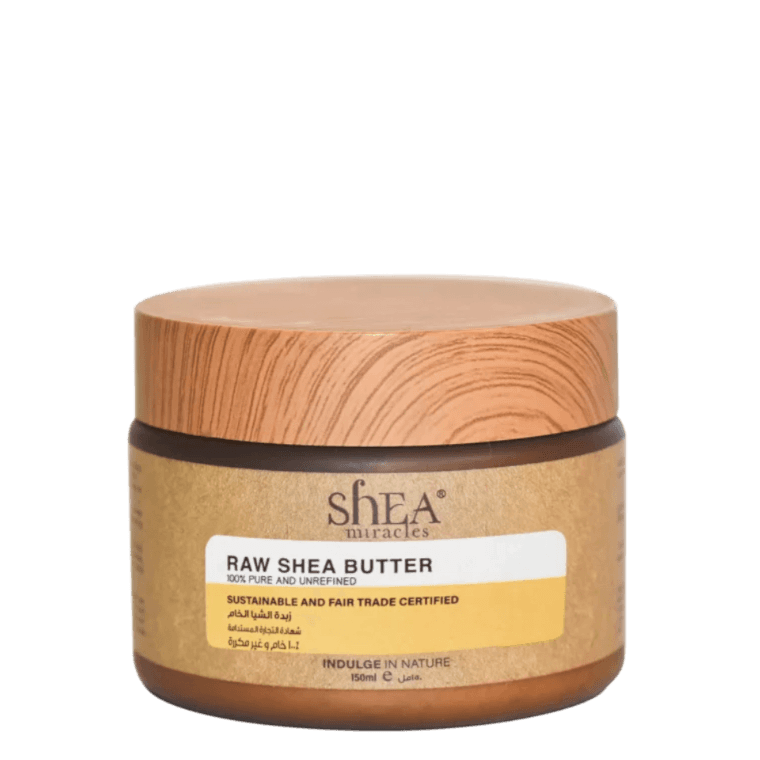 Shea Miracles Raw Shea Butter 150 ml in a natural wood-textured jar. This 100% pure, unrefined shea butter deeply nourishes and moisturizes skin and hair.
