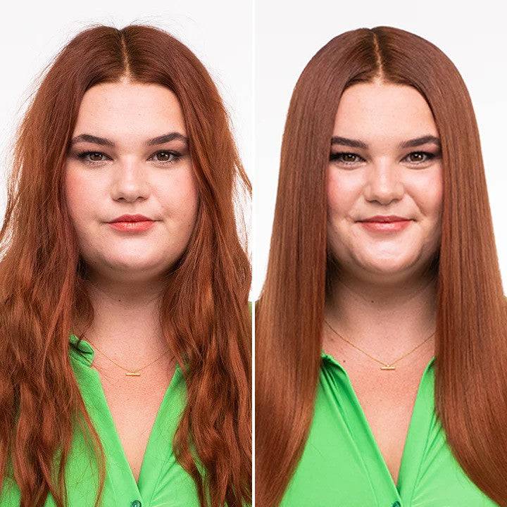 Before and after comparison of a woman using the Tangle Teezer Blow Styling Full Paddle Brush, showing transformation from wavy to sleek hair.