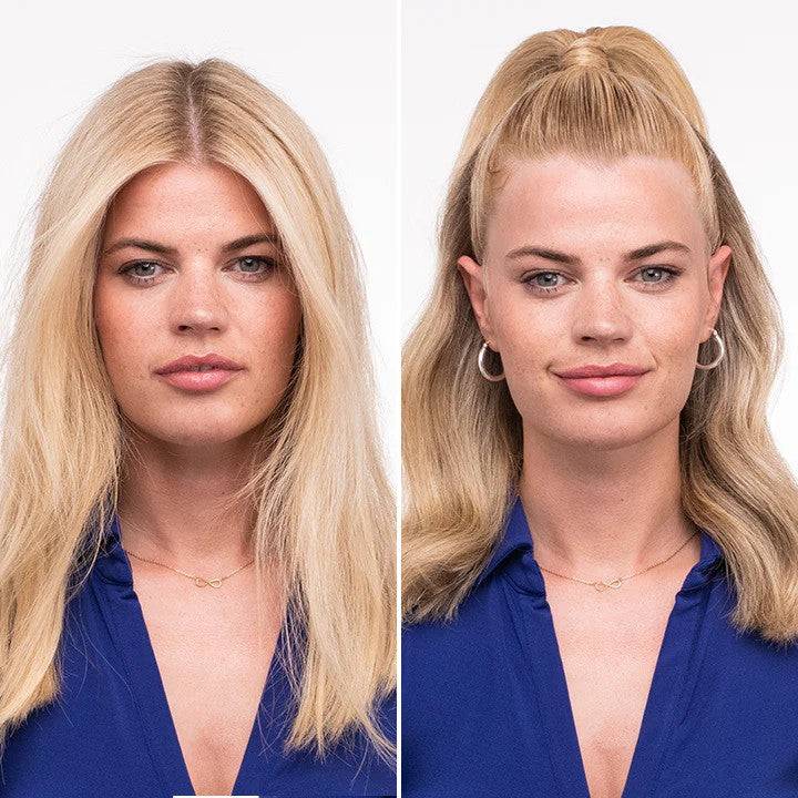 Before and after hair transformation using Tangle Teezer The Ultimate Styler Peach Peach Hair Brush, creating a sleek and polished updo.