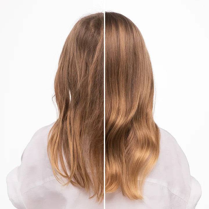 Before and after comparison of hair using Tangle Teezer Original Mini Green Pink. Left side shows tangled, frizzy hair, while the right side displays smooth, detangled strands.