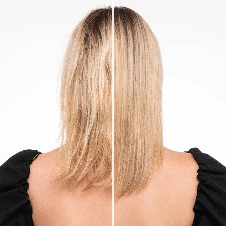 Before and after comparison of blonde hair, showing the transformation from frizzy and uneven texture to smooth, straight, and healthy-looking strands.