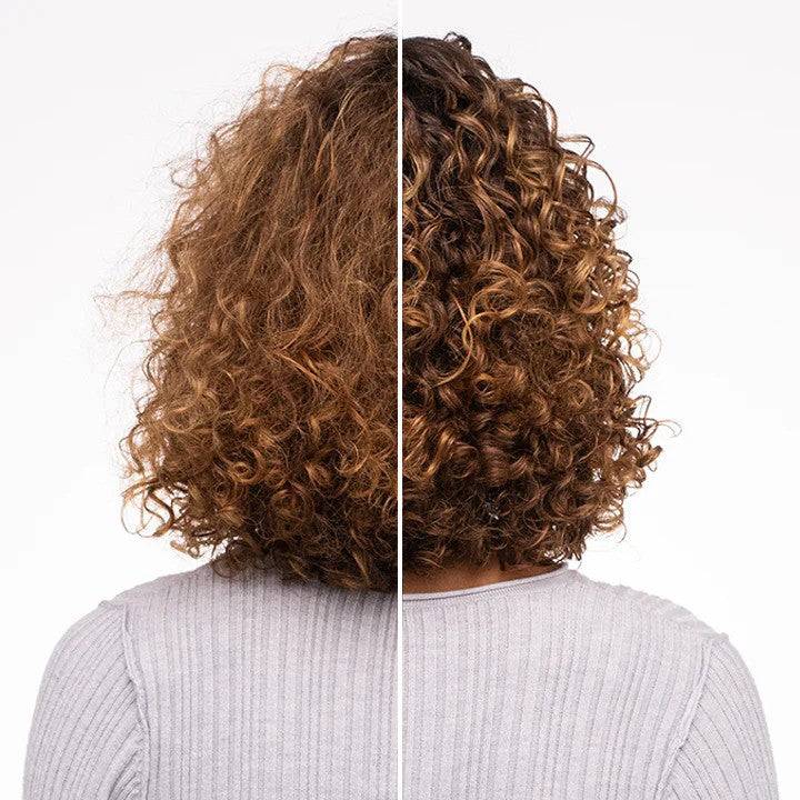 Before and after comparison of curly hair using Tangle Teezer The Ultimate Detangler Naturally Curly. Left side shows frizzy curls, right side shows defined, smooth curls.