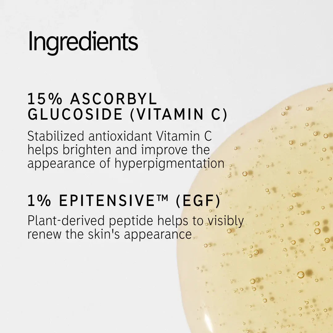 Key ingredients of The Inkey List 15% Vitamin C and EGF Serum, featuring stabilized Vitamin C for brightening and EGF peptide for skin renewal.