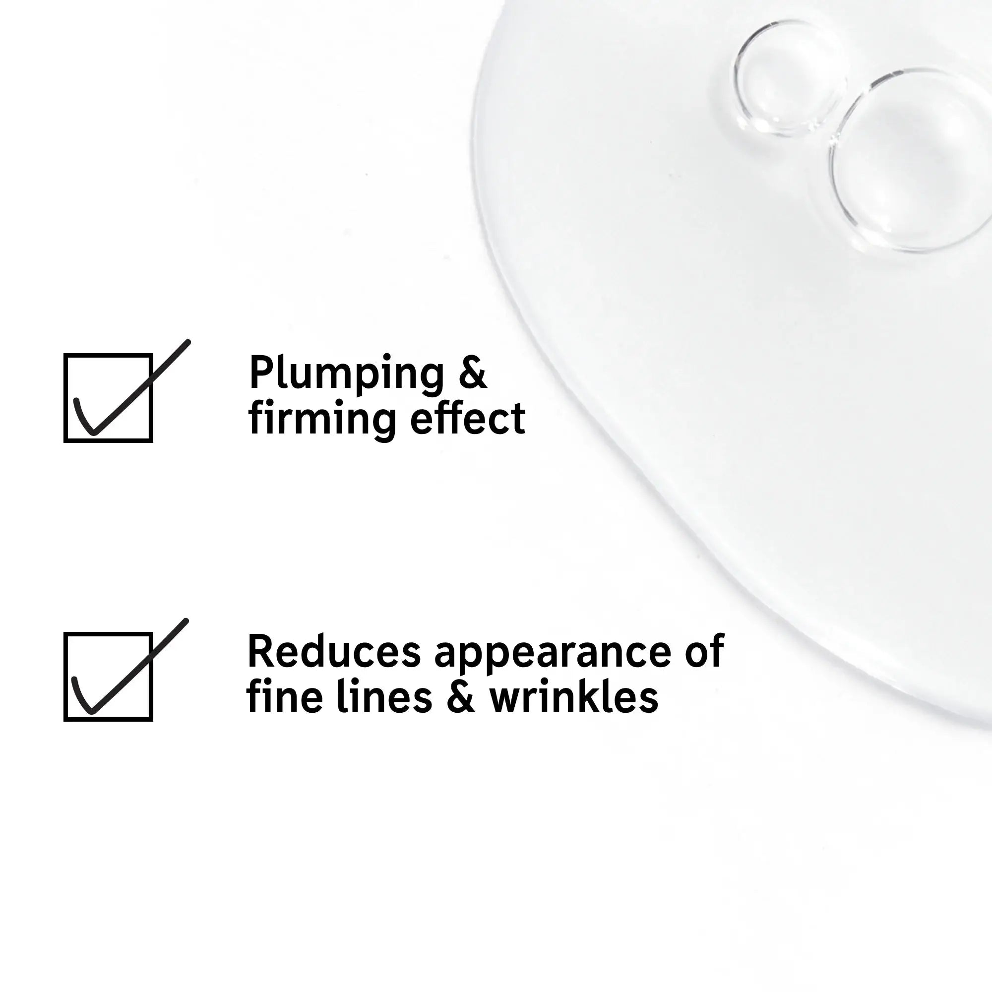 Close-up of The Inkey List Collagen Peptide Serum texture with text emphasizing its plumping, firming effects and reduction of fine lines and wrinkles.