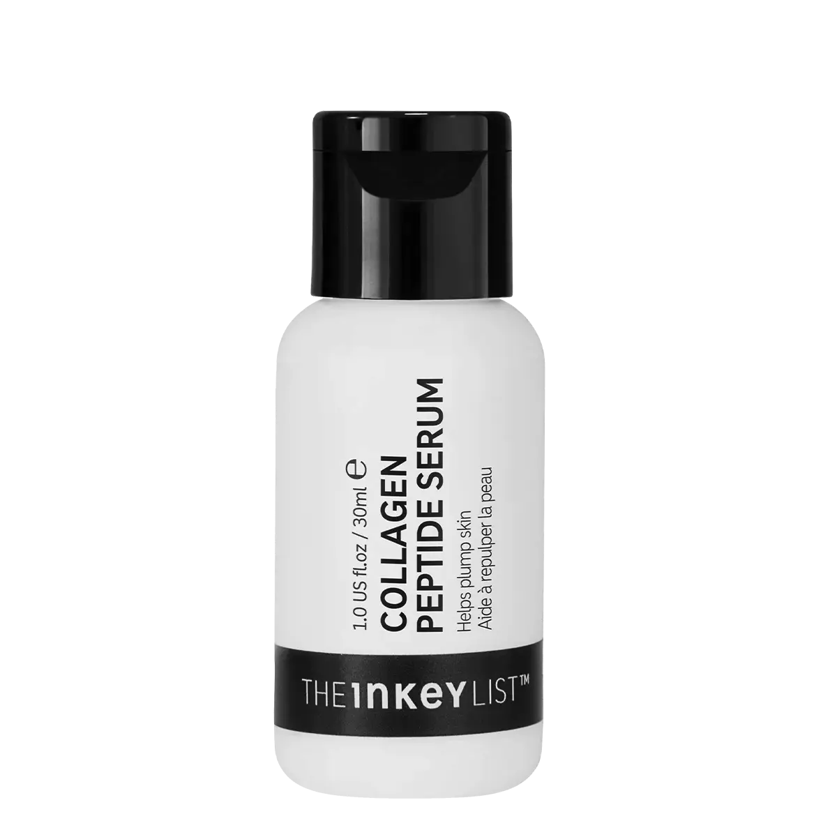The Inkey List Collagen Peptide Serum 30 ml in a sleek white bottle with a black cap, designed to boost skin elasticity and reduce fine lines.