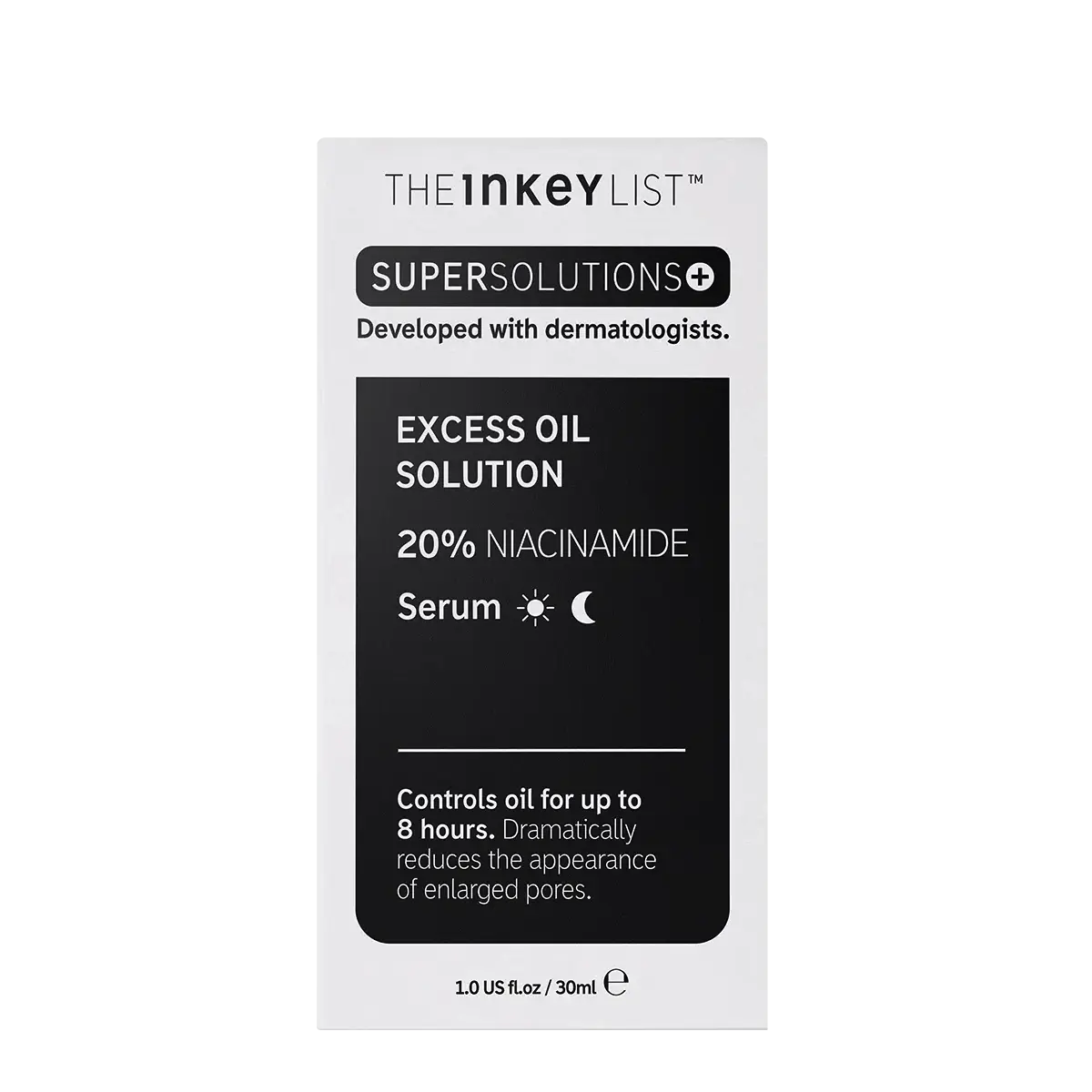 The Inkey List Excess Oil Solution 20% Niacinamide Serum 30 ml packaging. Designed to control oil for up to 8 hours and reduce enlarged pores.