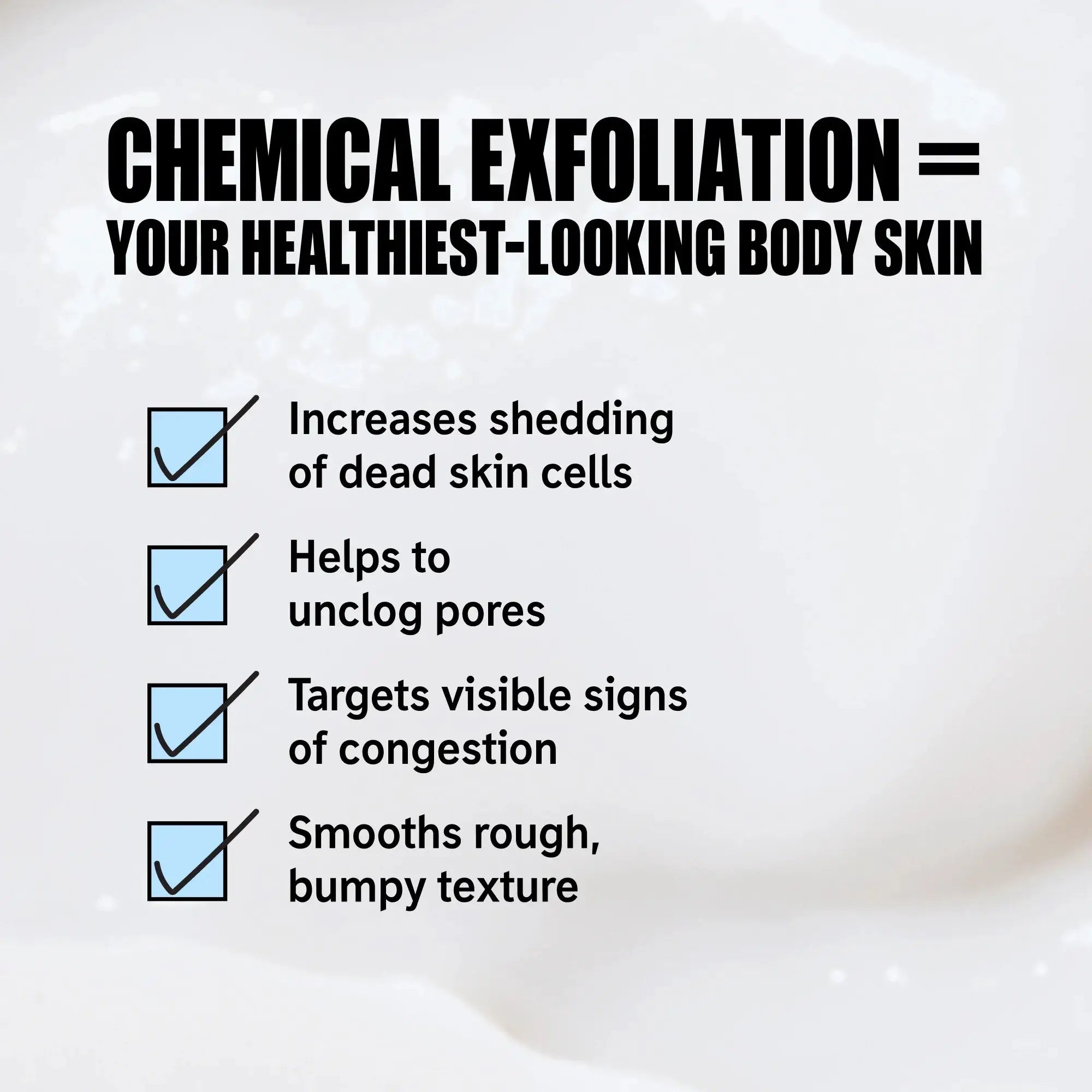 Infographic listing benefits of The Inkey List PHA Body Water Cream, including dead skin cell removal, unclogging pores, and smoothing rough texture.