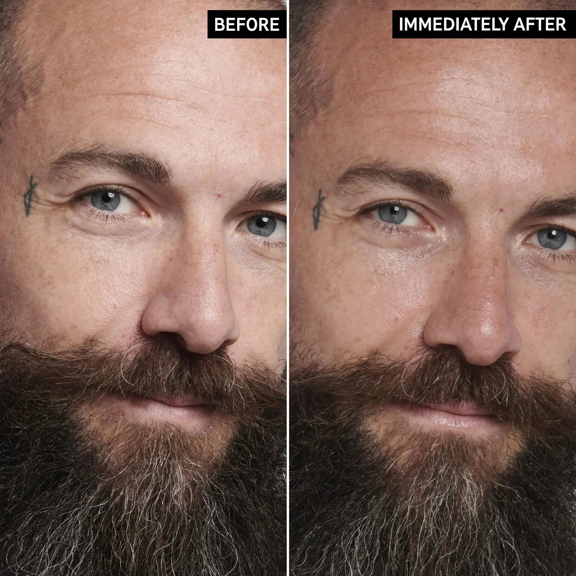 Before and after comparison of a man's face using The Inkey List Peptide Moisturizer. Visible reduction in fine lines and improved skin texture immediately after application.