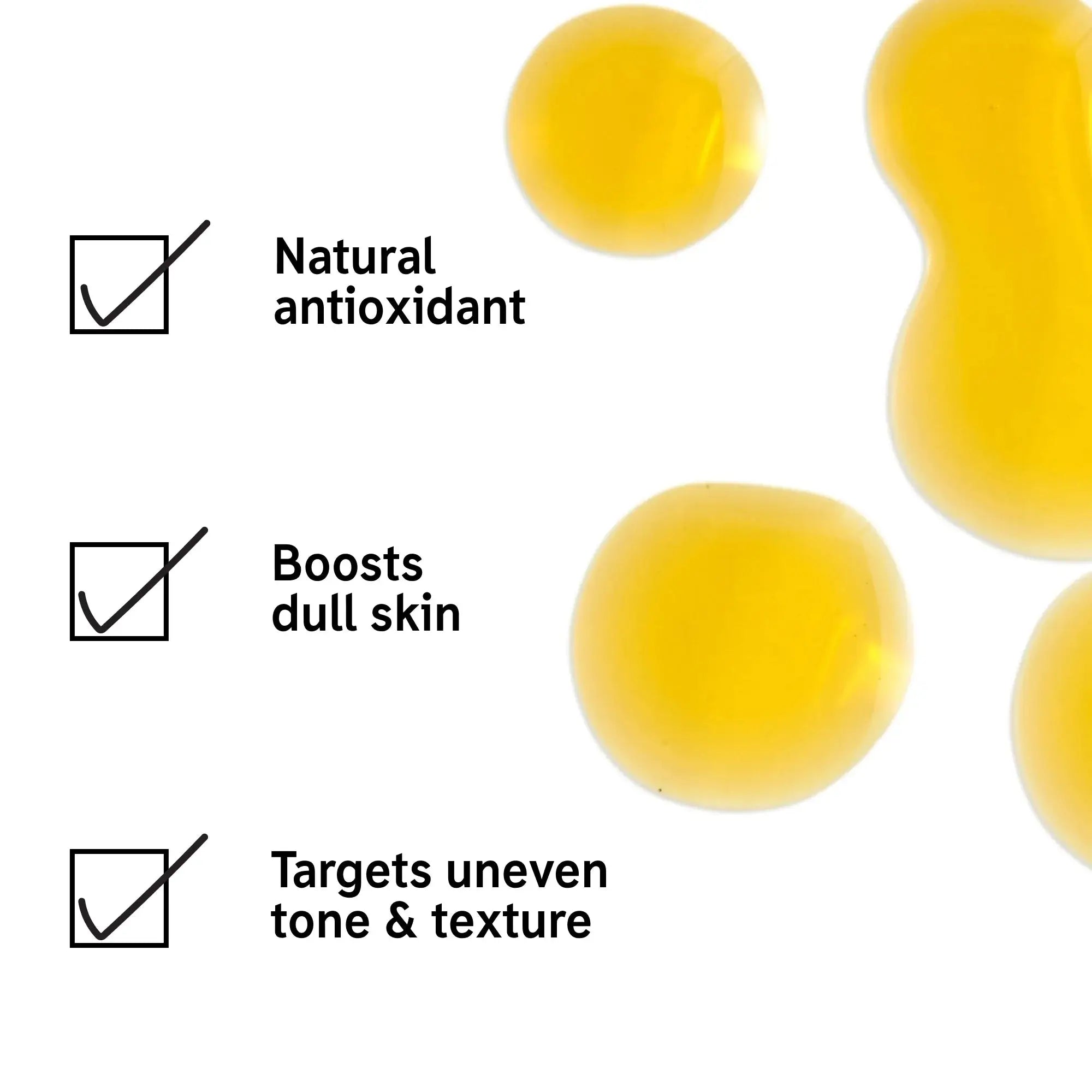 Close-up of The Inkey List Rosehip Oil showcasing its golden texture with benefits listed: natural antioxidant, boosts dull skin, and targets uneven tone.