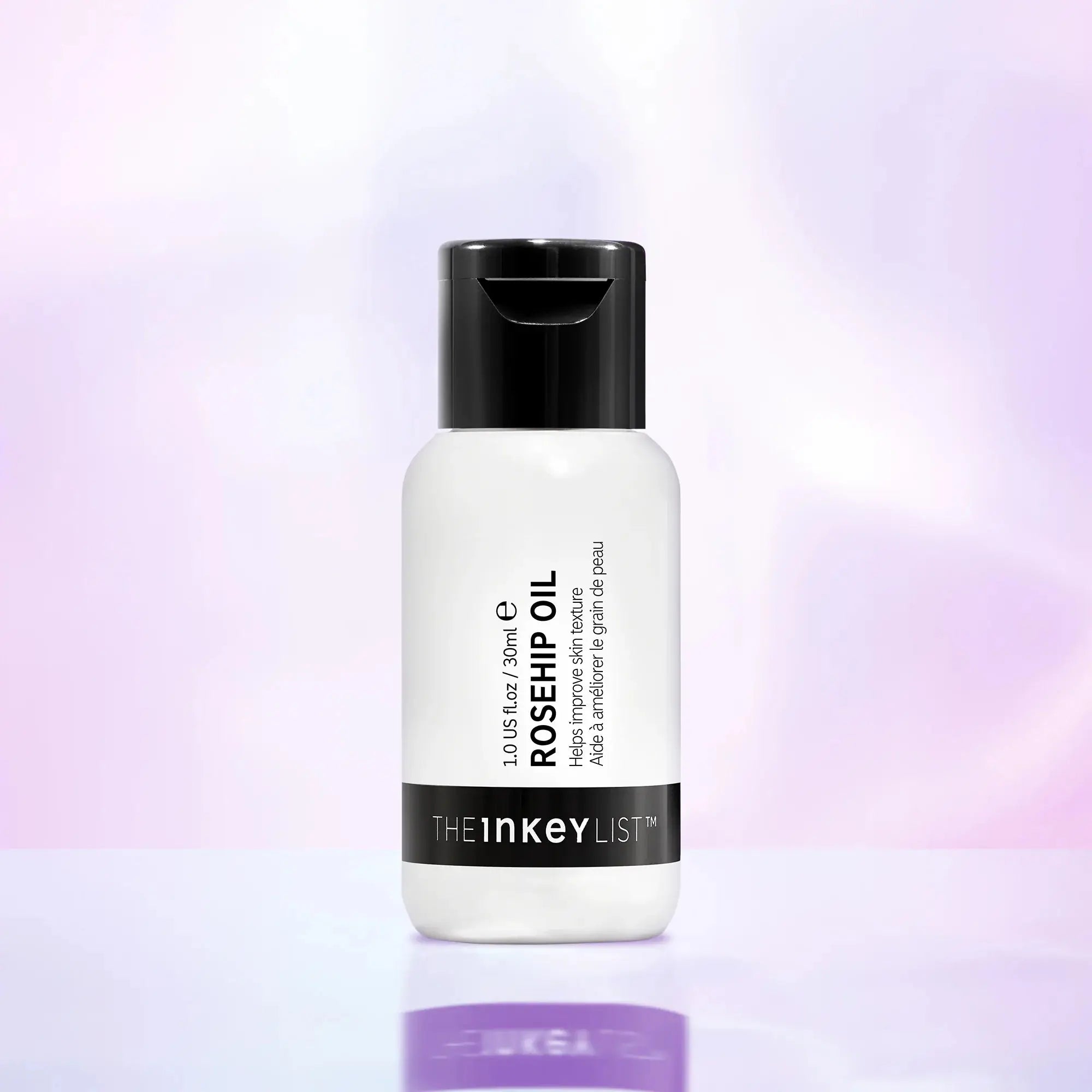 The Inkey List Rosehip Oil 30 ml bottle displayed against a soft pastel background, emphasizing its nourishing and skin-rejuvenating properties.