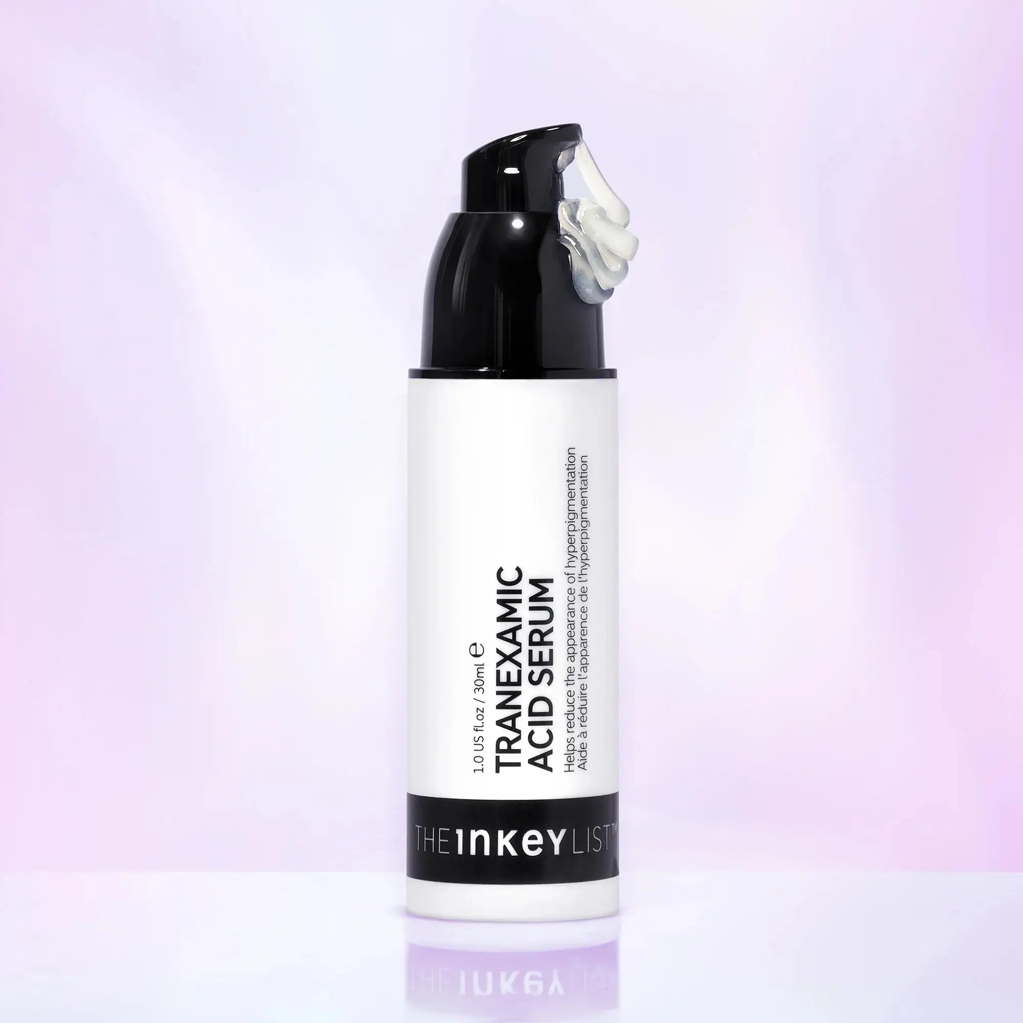 The Inkey List Tranexamic Acid Serum 30 ml with pump dispenser, showing its lightweight formula for brightening and reducing dark spots.