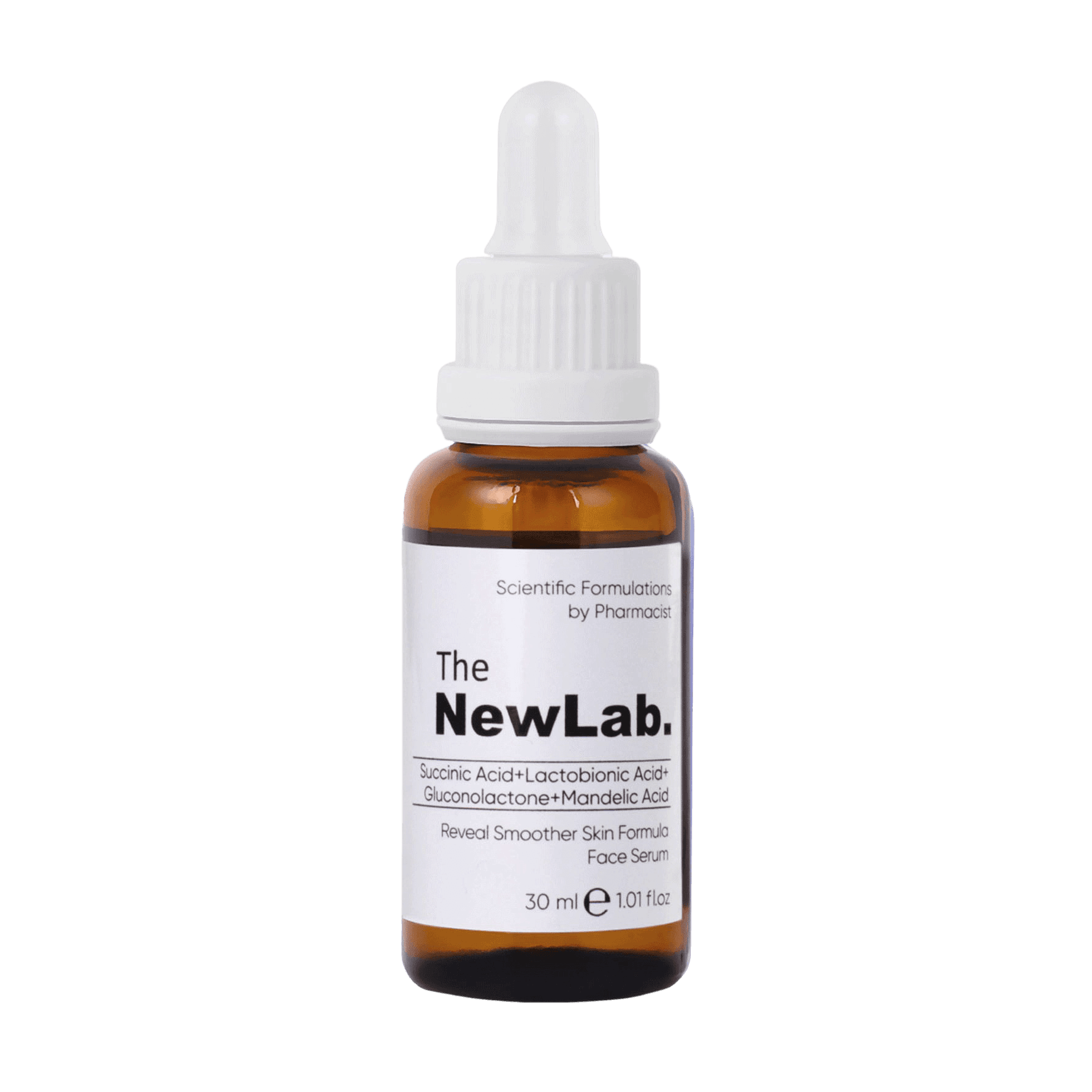 NewLab Reveal Smoother Skin Formula Facial Serum 30ml in amber glass bottle with dropper. Contains succinic acid, lactobionic acid, and mandelic acid for skin renewal.