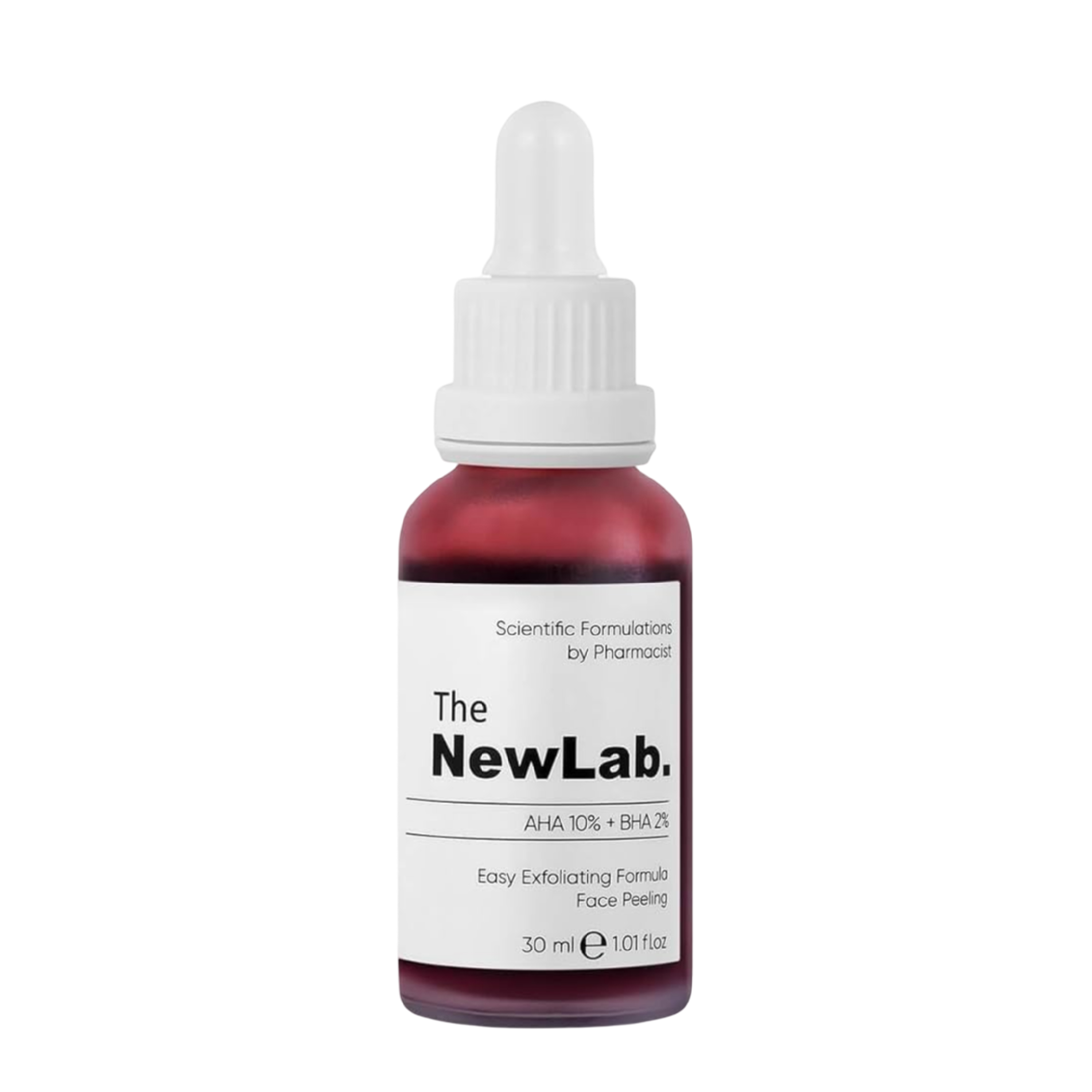 The NewLab AHA 10% + BHA 2% Exfoliating Face Peeling Serum 30 ml in a sleek dropper bottle. This powerful serum resurfaces skin, unclogs pores, and improves texture.