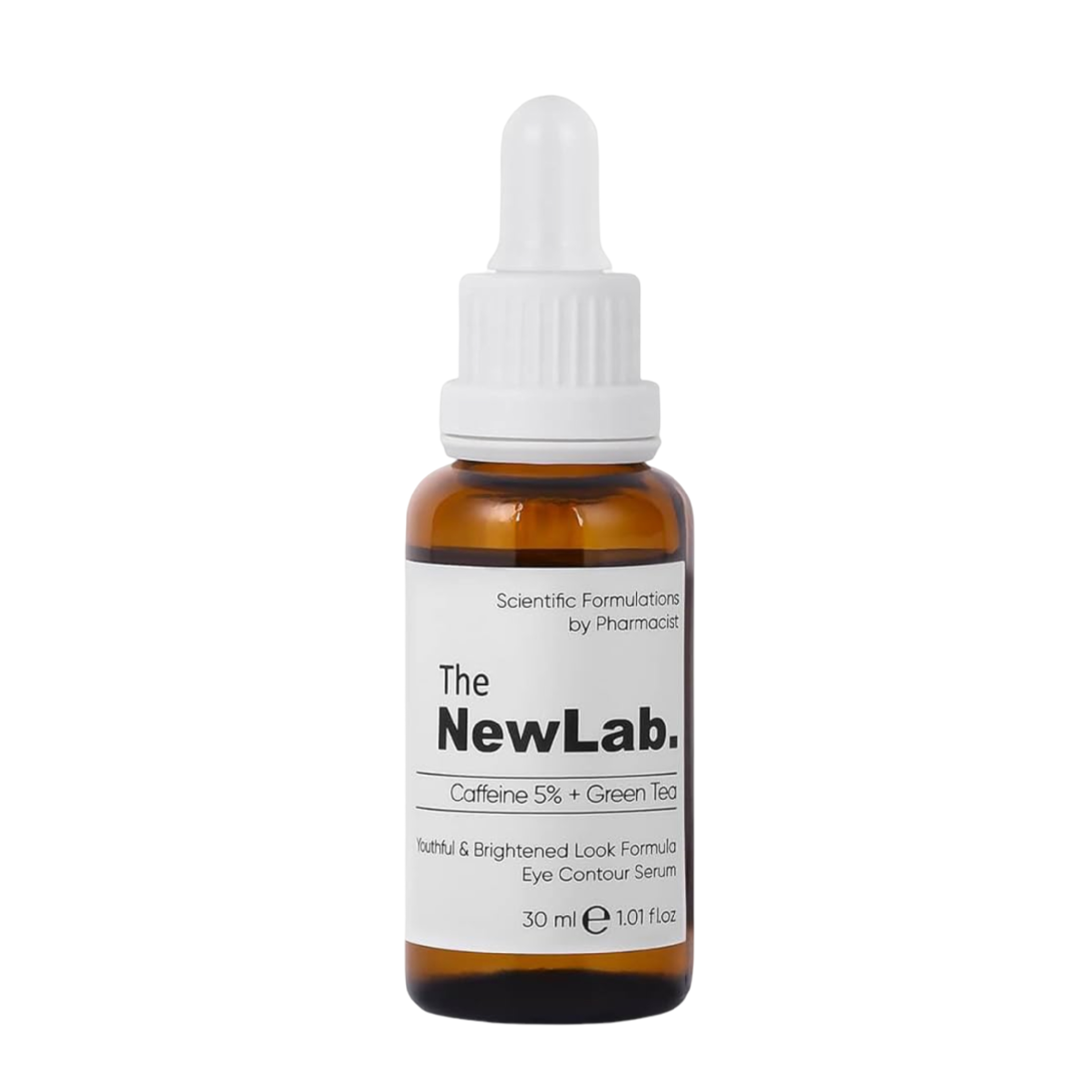 The NewLab Caffeine 5% + Green Tea Eye Contour Serum 30 ml in an amber glass bottle with a white dropper cap. This eye treatment reduces puffiness, dark circles, and fine lines for a refreshed look.