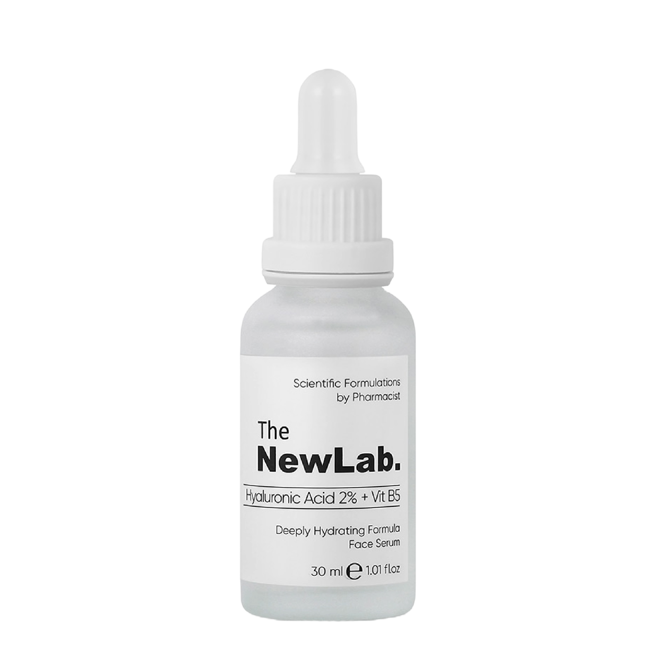 The NewLab Hyaluronic Acid 2% + Vitamin B5 Serum 30 ml in a frosted glass bottle with a dropper cap. A deeply hydrating face serum for moisture and skin plumping.