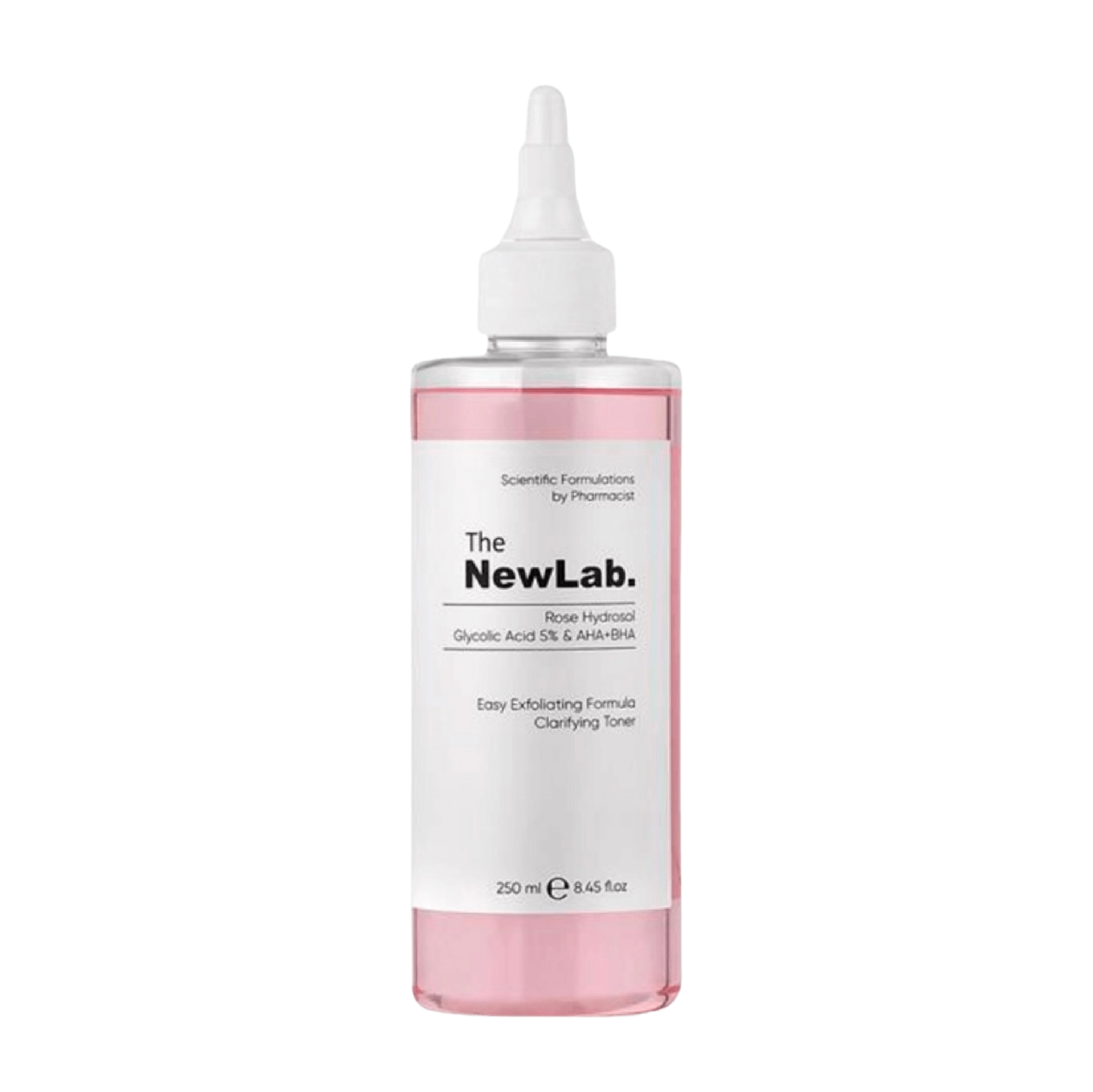 The NewLab Rose Hydrosol Glycolic Acid 5% & AHA+BHA Toner 250 ml, a clarifying facial toner with exfoliating glycolic acid and soothing rose hydrosol for smooth, radiant skin.