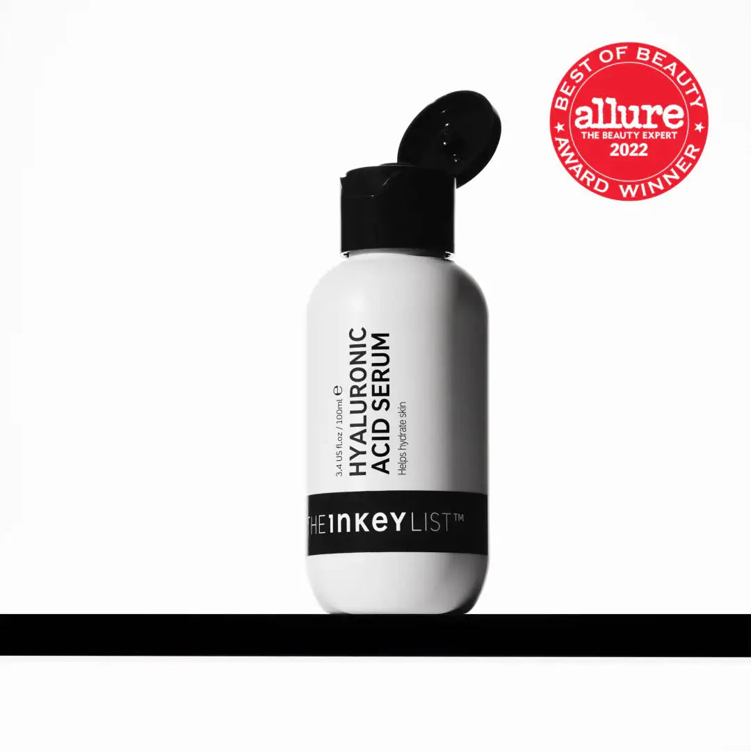 The Inkey List Hyaluronic Acid Serum 100 ml with an open cap, awarded Best of Beauty by Allure in 2022 for its hydrating formula.
