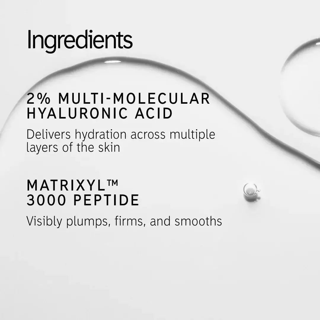 Key ingredients of The Inkey List Hyaluronic Acid Serum, featuring 2% multi-molecular hyaluronic acid and Matrixyl 3000 peptide for hydration and firmness.