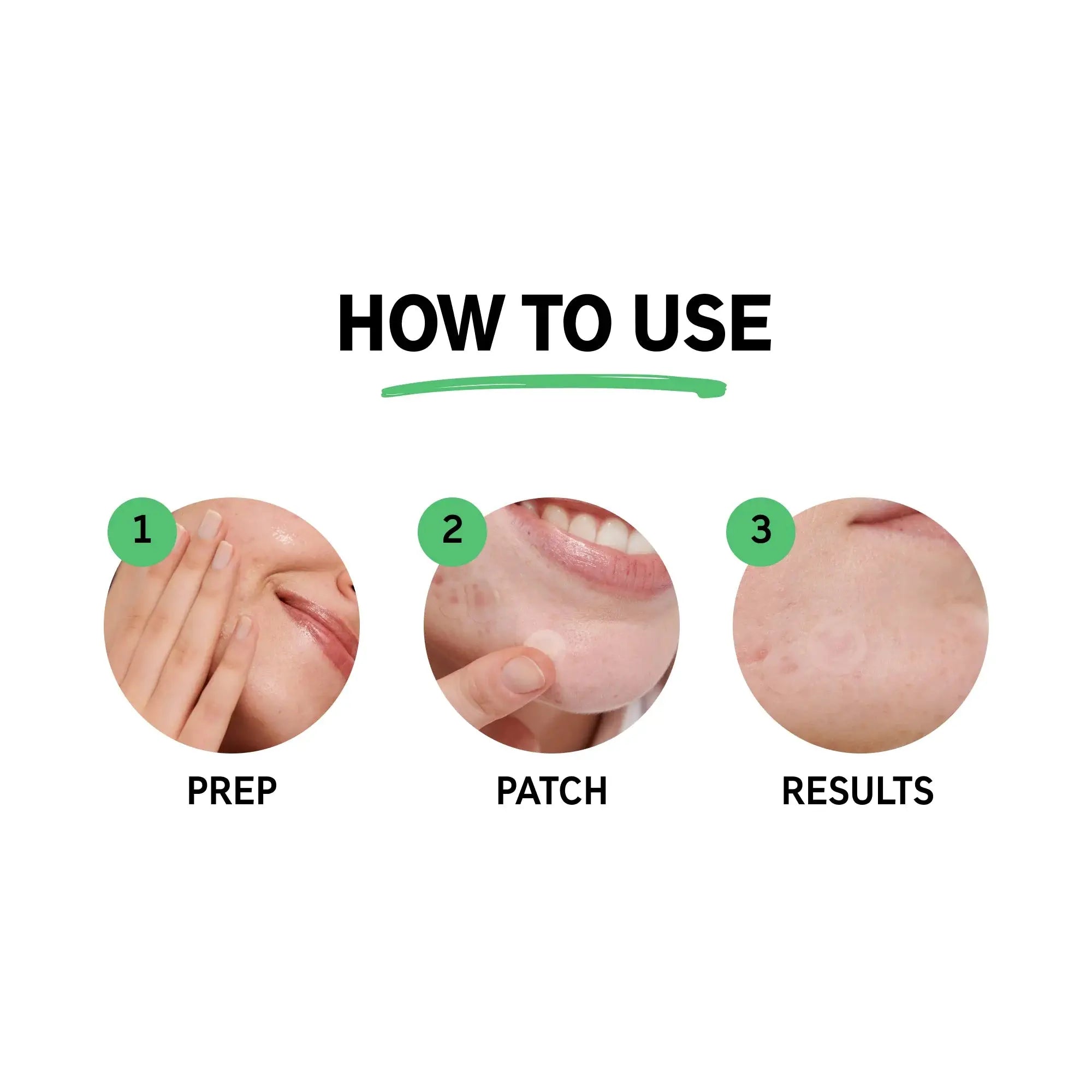 Step-by-step guide on how to use The Inkey List Hydrocolloid Invisible Pimple Patches, showing prep, application, and results.