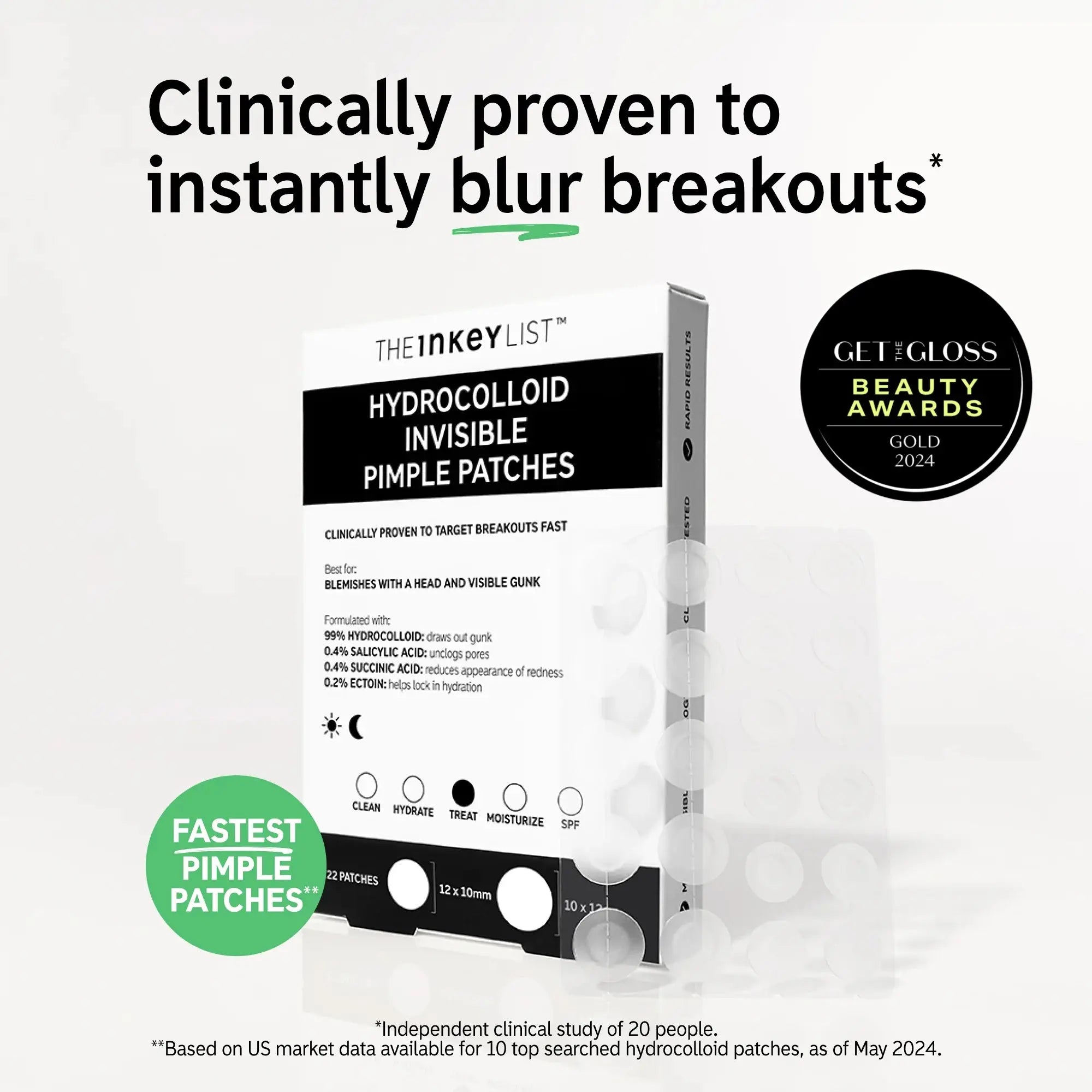 The Inkey List Hydrocolloid Invisible Pimple Patches with clinically proven claims to blur breakouts instantly and an award badge for recognition.