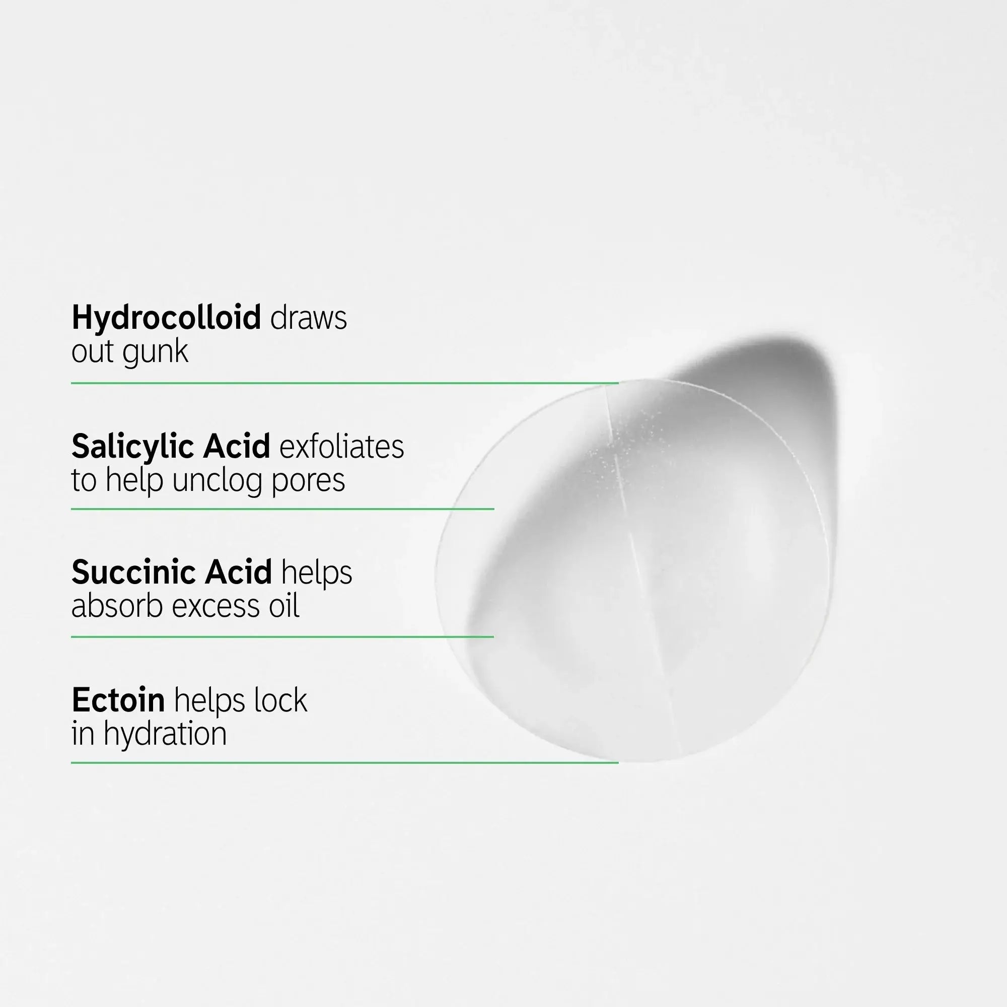 Close-up of The Inkey List Hydrocolloid Invisible Pimple Patch with key ingredients like salicylic acid, succinic acid, and ectoin for skincare benefits.