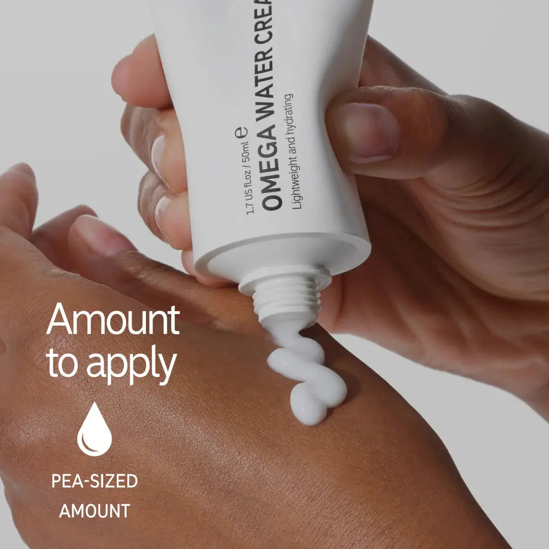 A hand applying The Inkey List Omega Water Cream, showing the recommended pea-sized amount for optimal hydration and lightweight moisture.