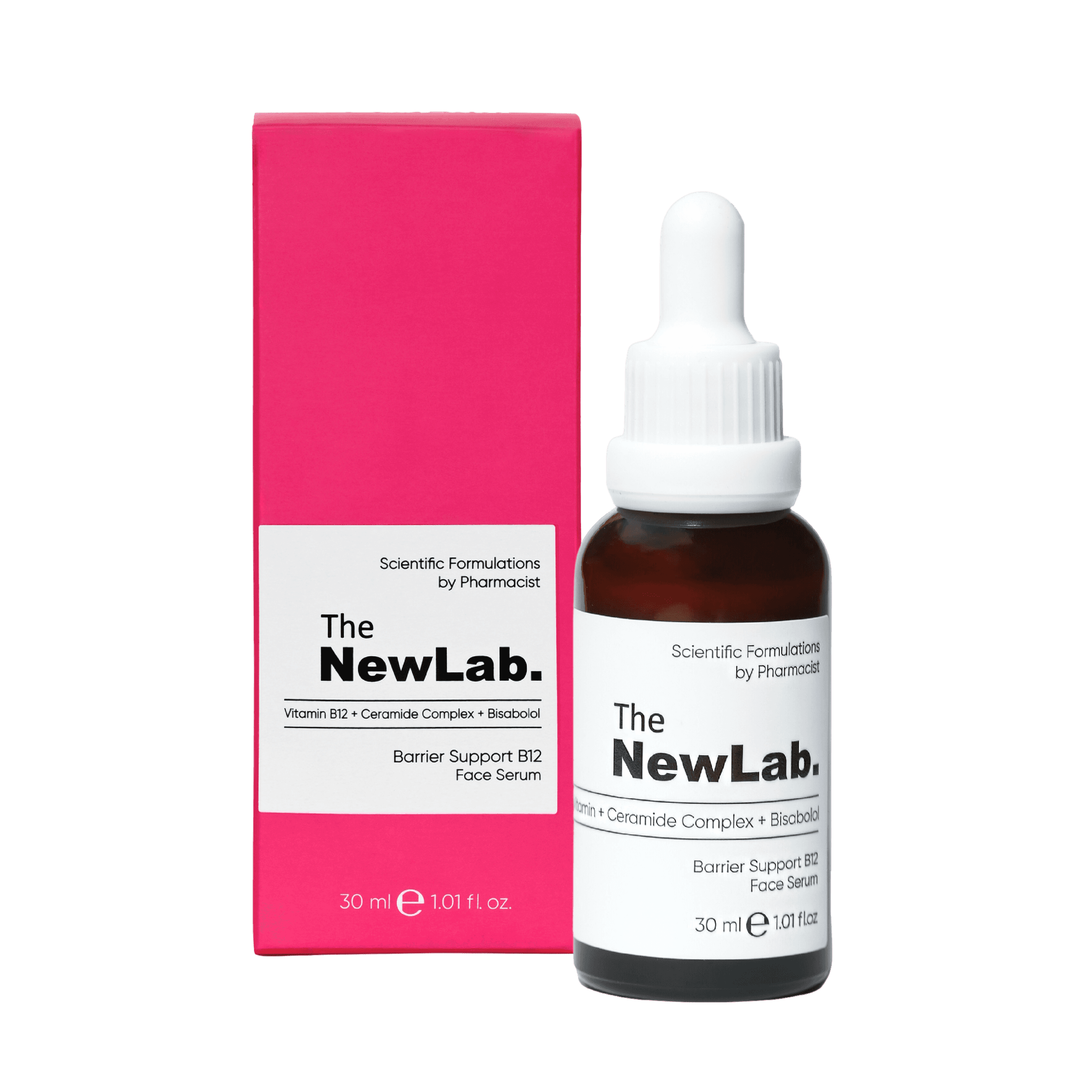 NewLab Barrier Support B12 Facial Serum 30ml with Vitamin B12, Ceramide Complex, and Bisabolol. Hydrates, soothes irritation, and strengthens skin barrier.