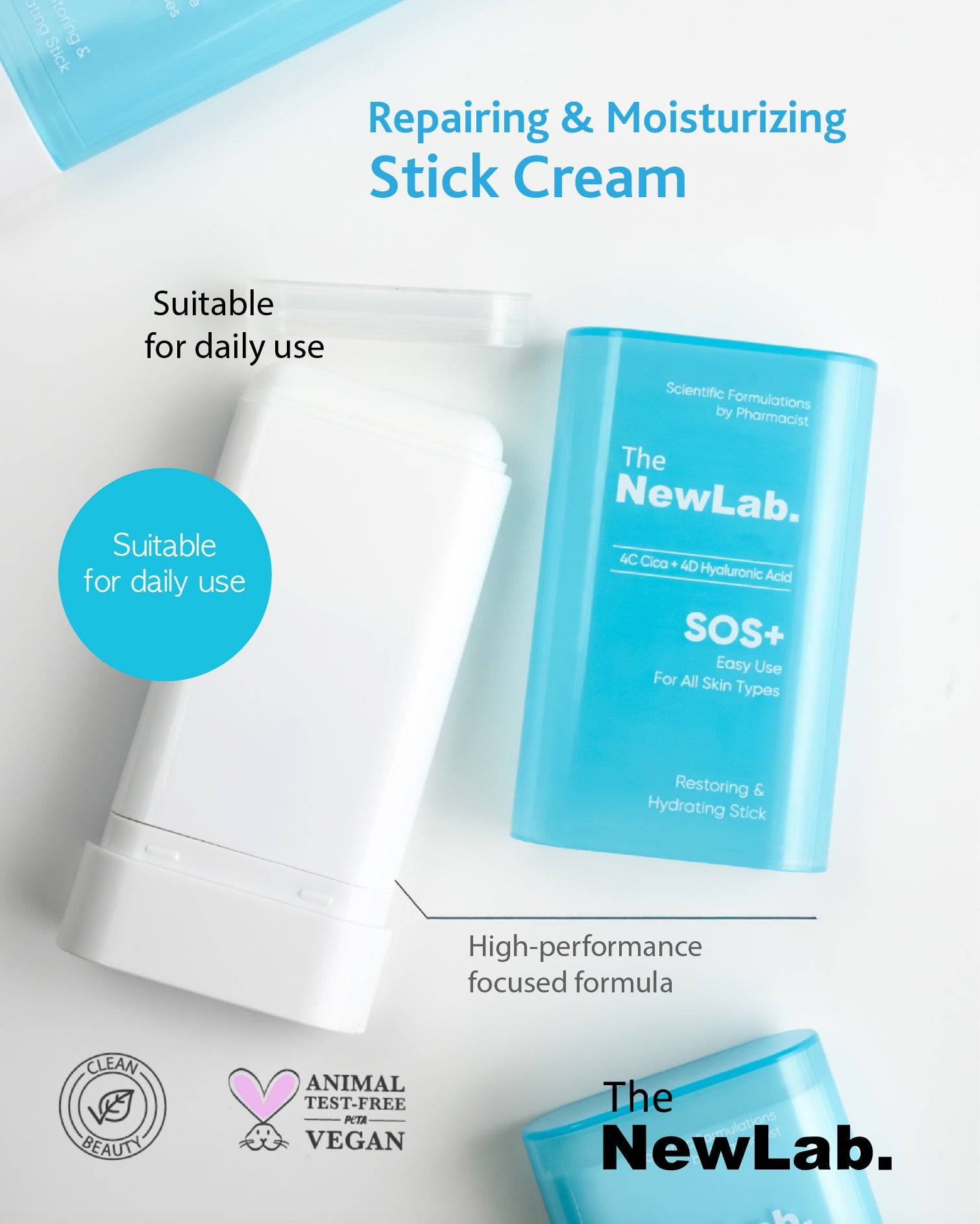 The NewLab Repairing & Moisturizing Stick Cream 19G opened to reveal the product. A high-performance, vegan, and daily-use skincare stick.