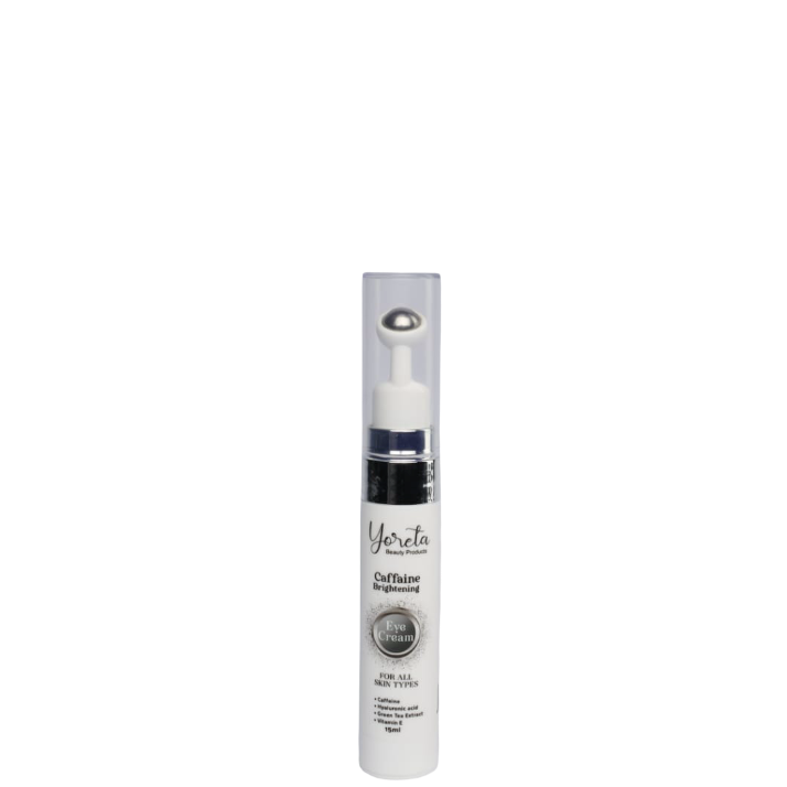 Yoreta Caffeine Eye Cream 15 ml with metal applicator for dark circles and puffiness, ideal for all skin types and sensitive eyes.