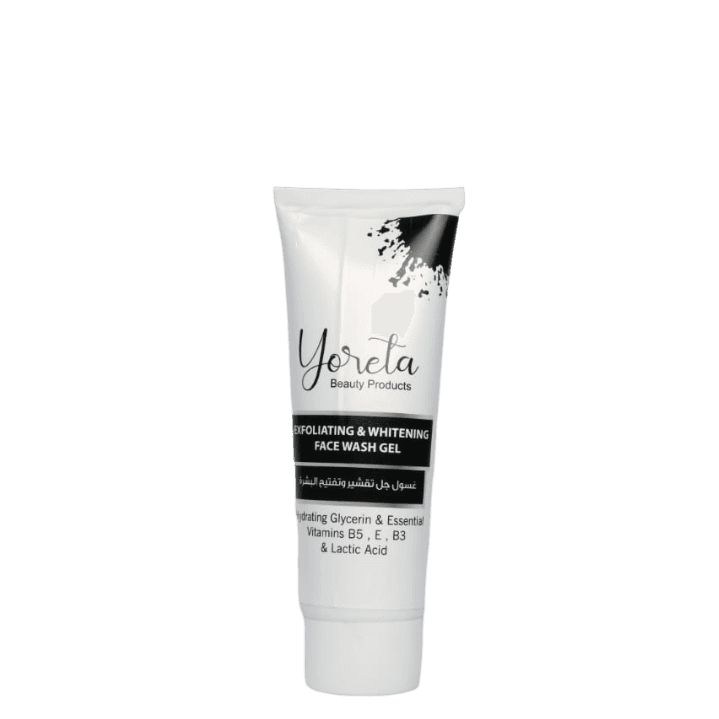 Yoreta Face Wash Gel - Exfoliating Whitening 200ml tube with lactic acid and vitamins for deep cleansing and radiant skin care routine.